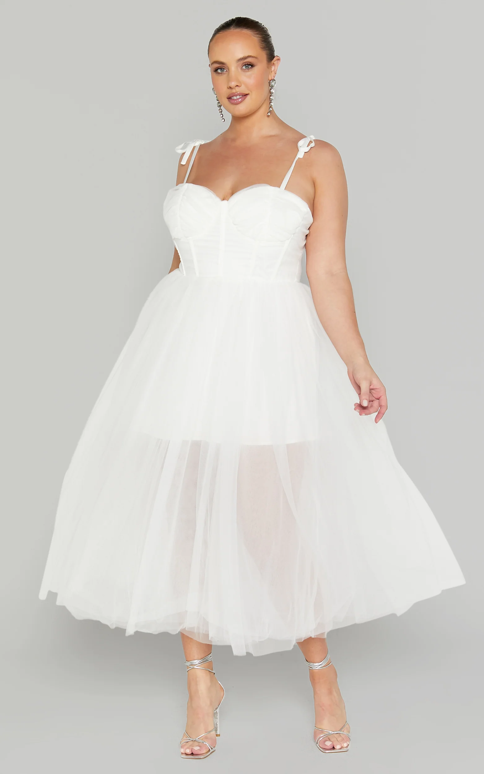 Aisha Midi Dress - Bustier Bodice Tulle Dress in White