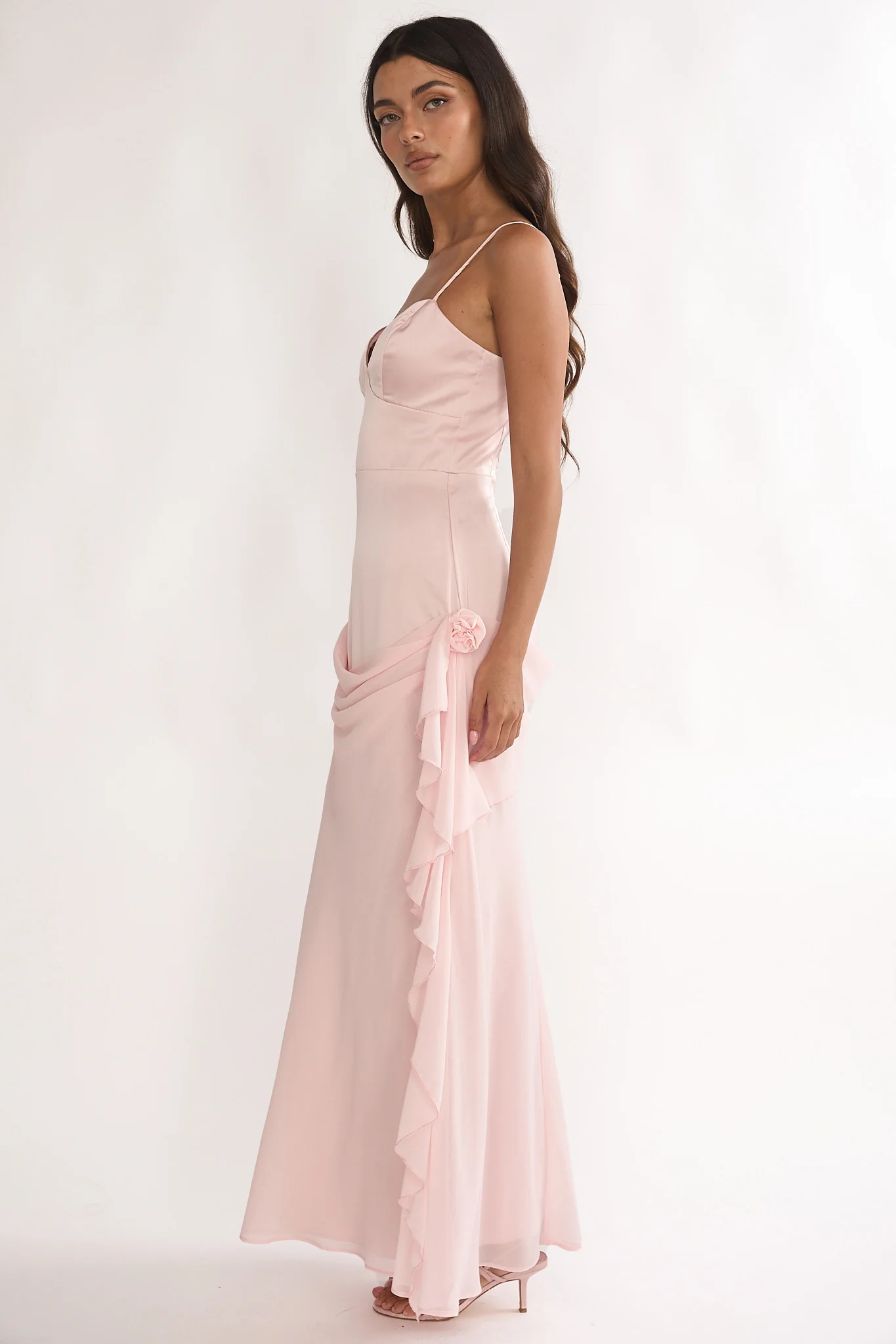 Rivena Rosette Chiffon Drape Maxi Dress Pink - luluinthesky