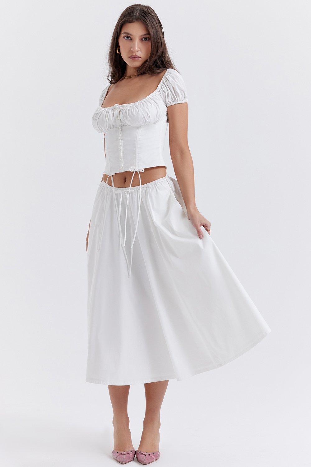 White Gathered Midi Skirt