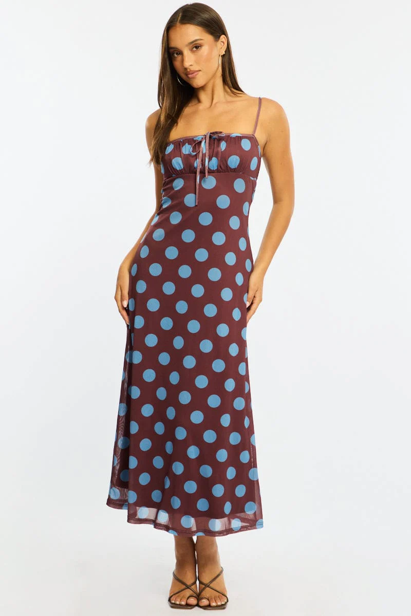 Brown Polka Dot Midi Dress Strappy