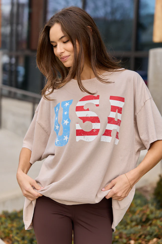 USA Taupe Oversized Graphic Tee