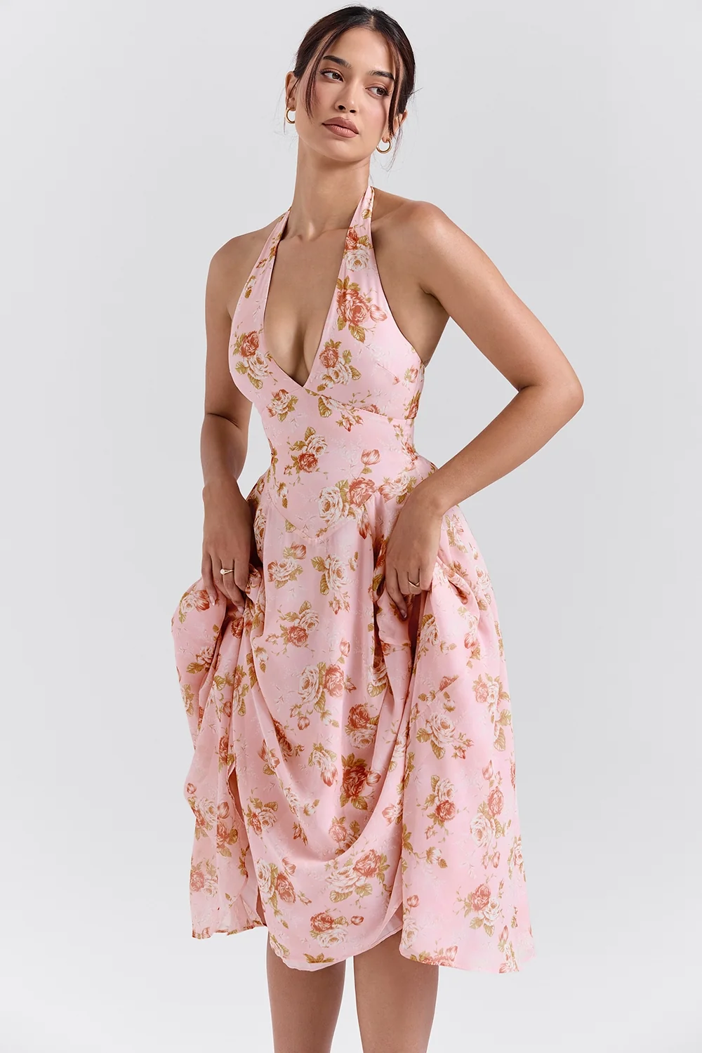 English Vintage Rose Print Georgette Halter Sundress