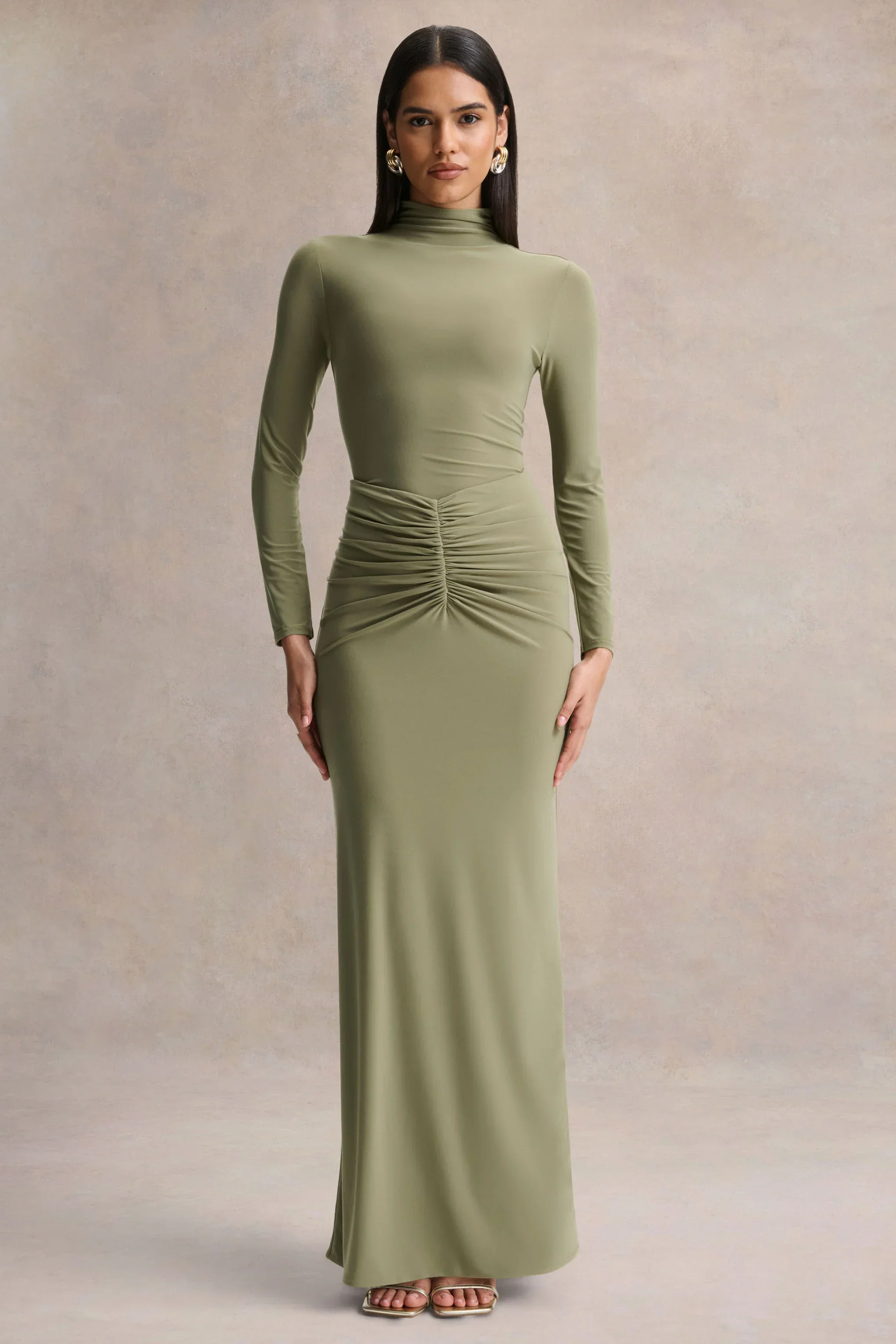 Persis | Olive High-Neck Maxi Dress With Gathered Detailing