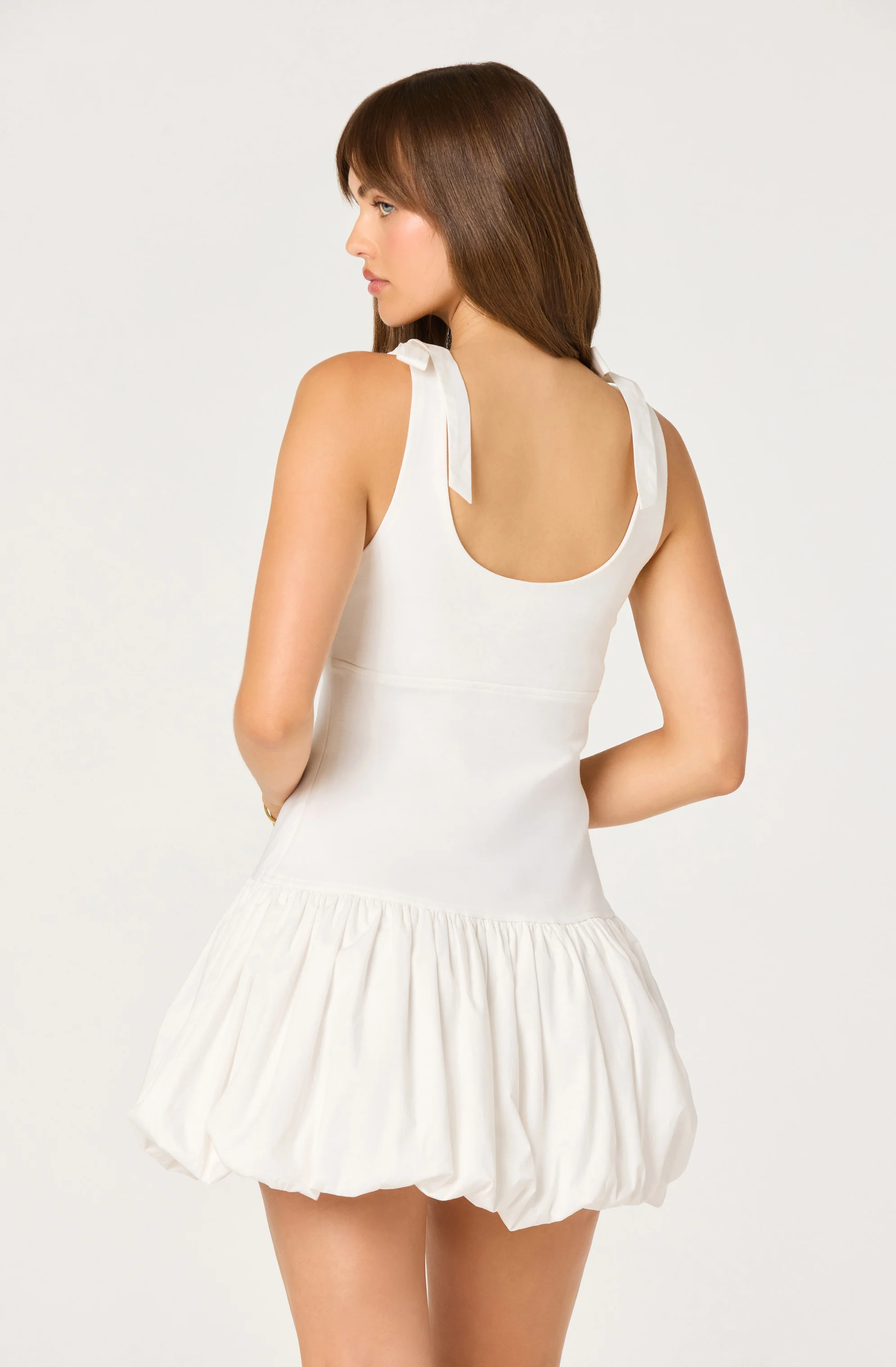 Kaci Bow Shoulder Mixed Media Bubble Mini Dress