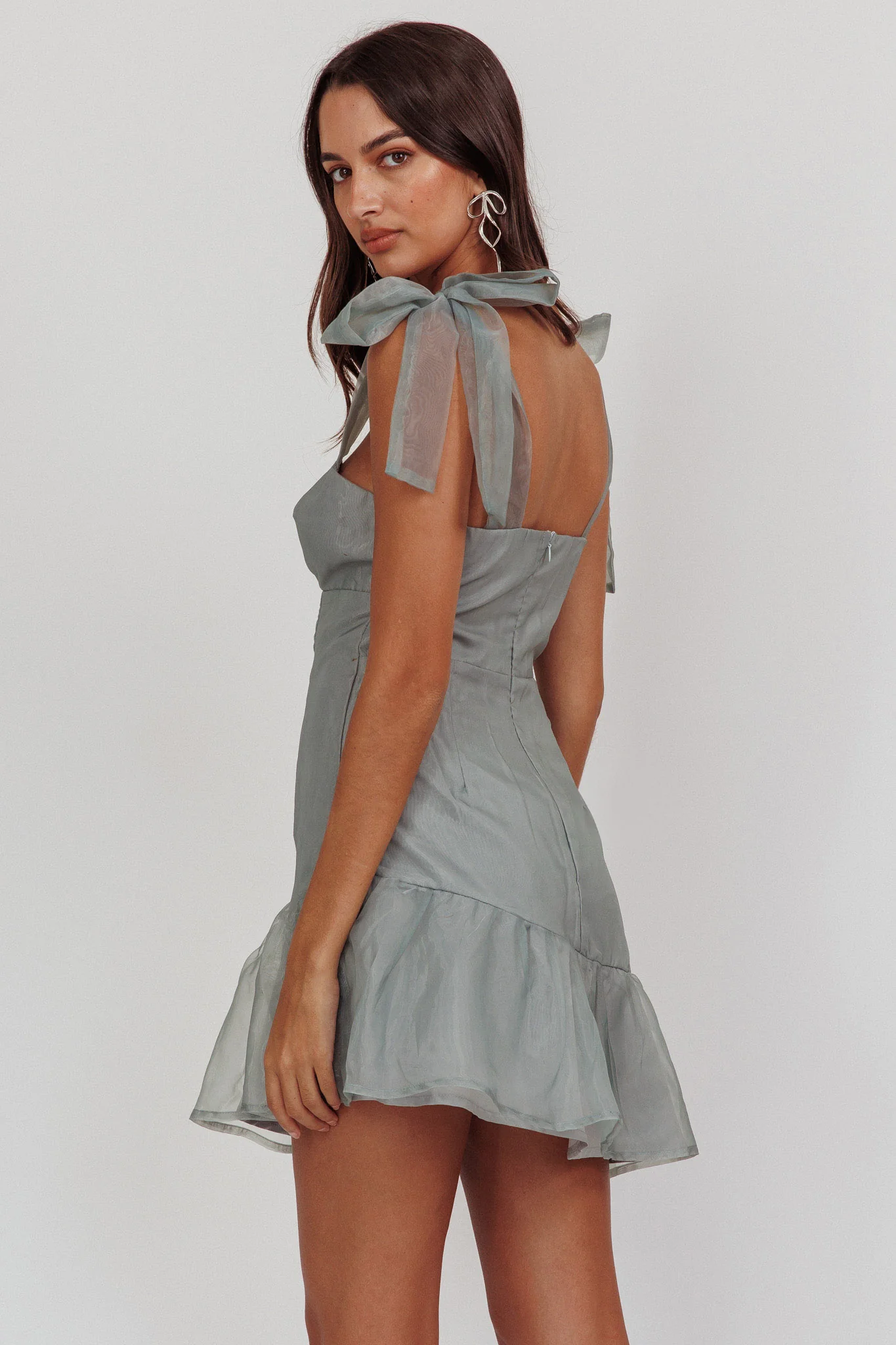 Alexia Bow Shoulder Ruffle Hem Mini Dress Sage