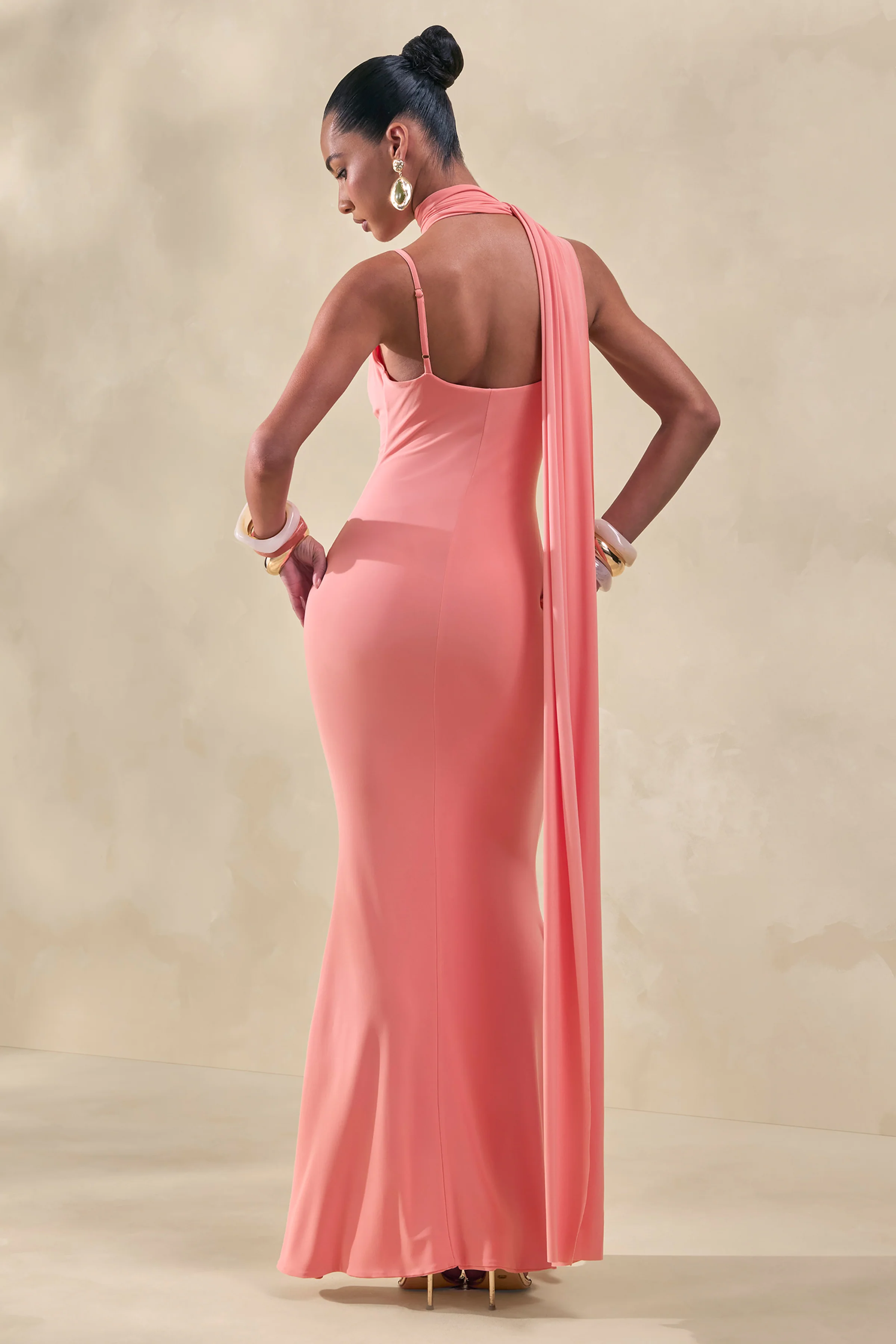 Kenza | Coral Asymmetric-Neck Maxi Dress With Scarf-Detail