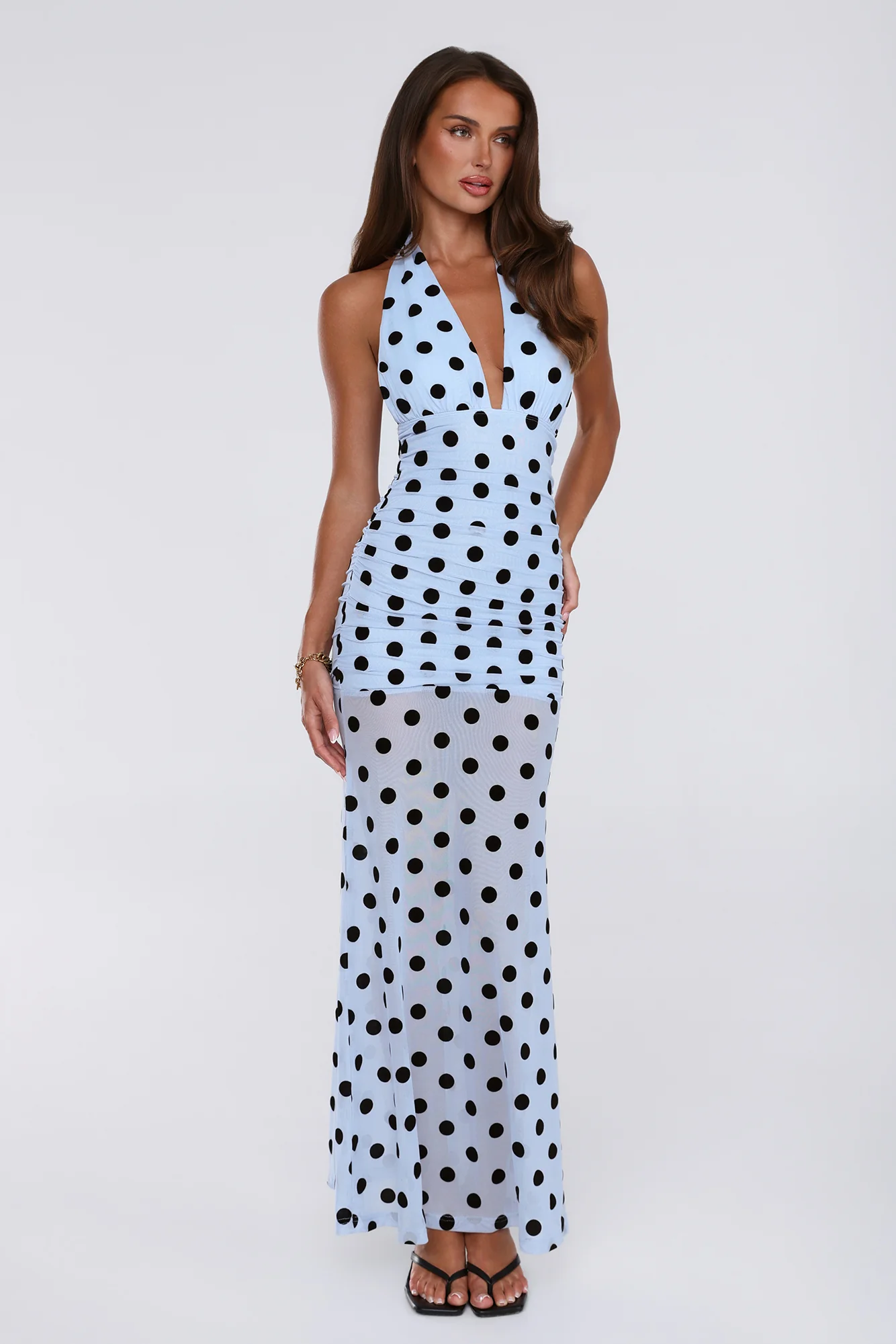 Dancefloor Diaries Halter Polka Dot Maxi Dress Blue