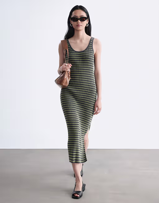 & Other Stories ribbed striped knit maxi dress in dark gray