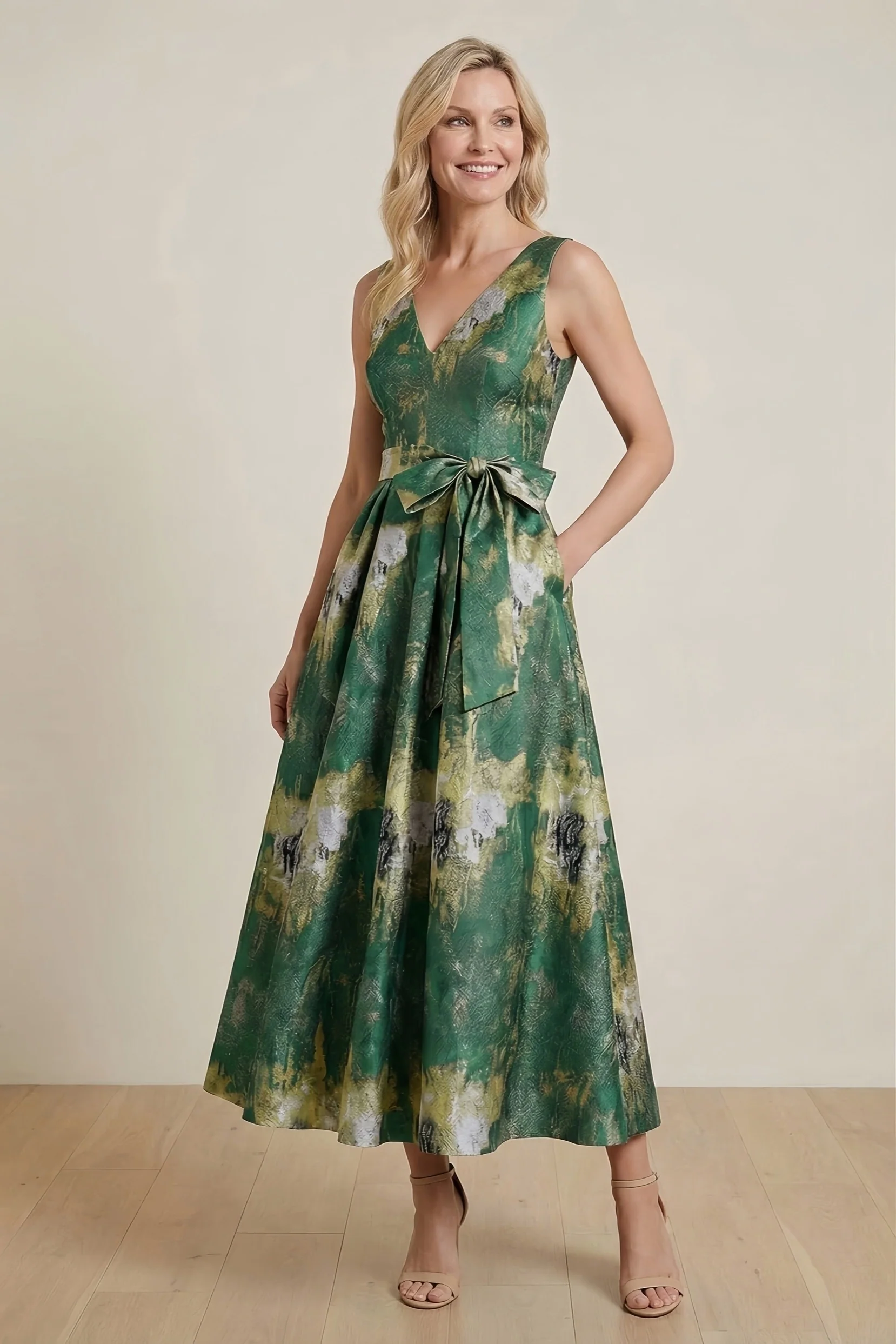 A-Line Tea-Length Jacquard Mother of the Bride Dress CM0425