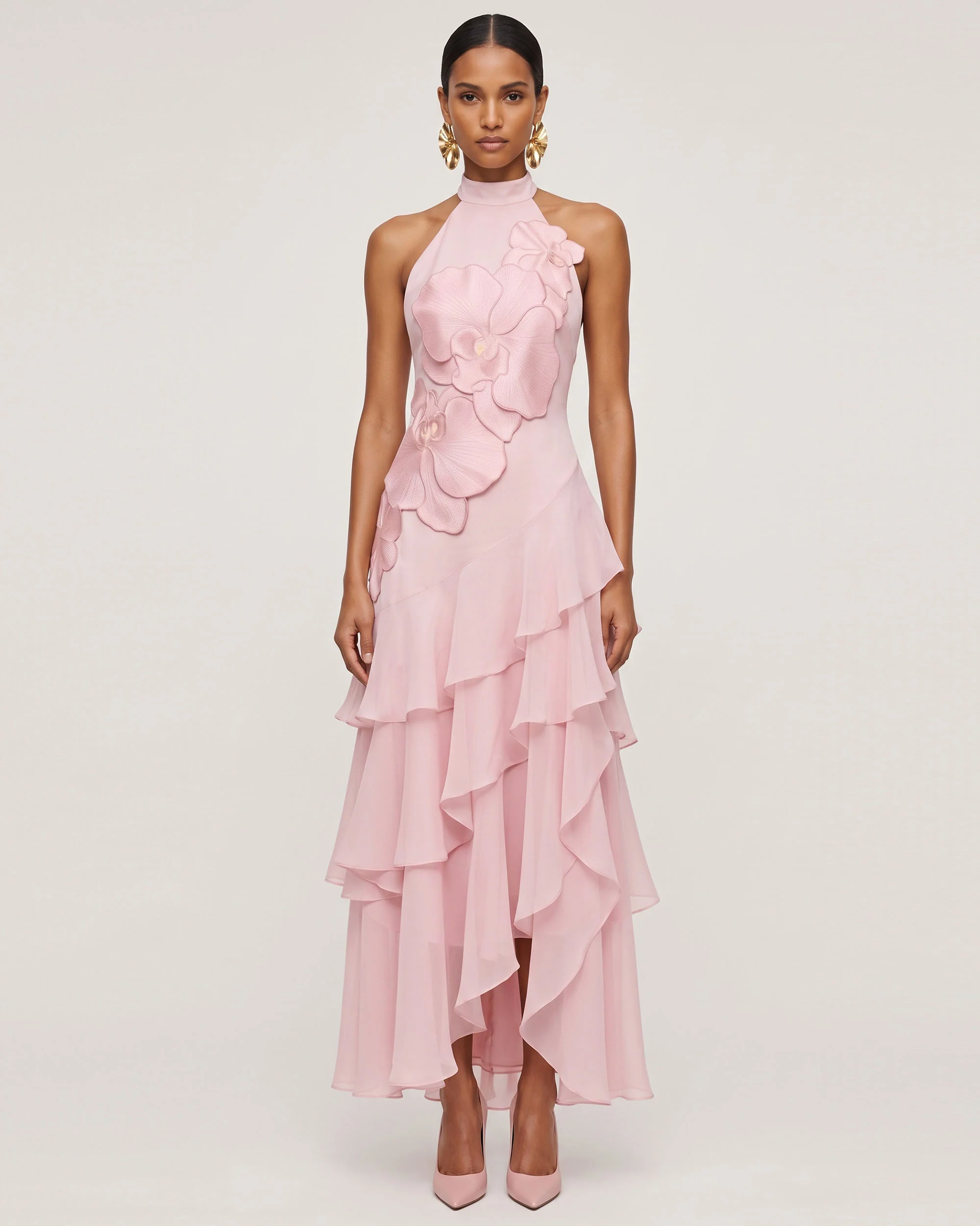 Orchid Embroidered Halter Asymmetric Layered Maxi Dress - Pink