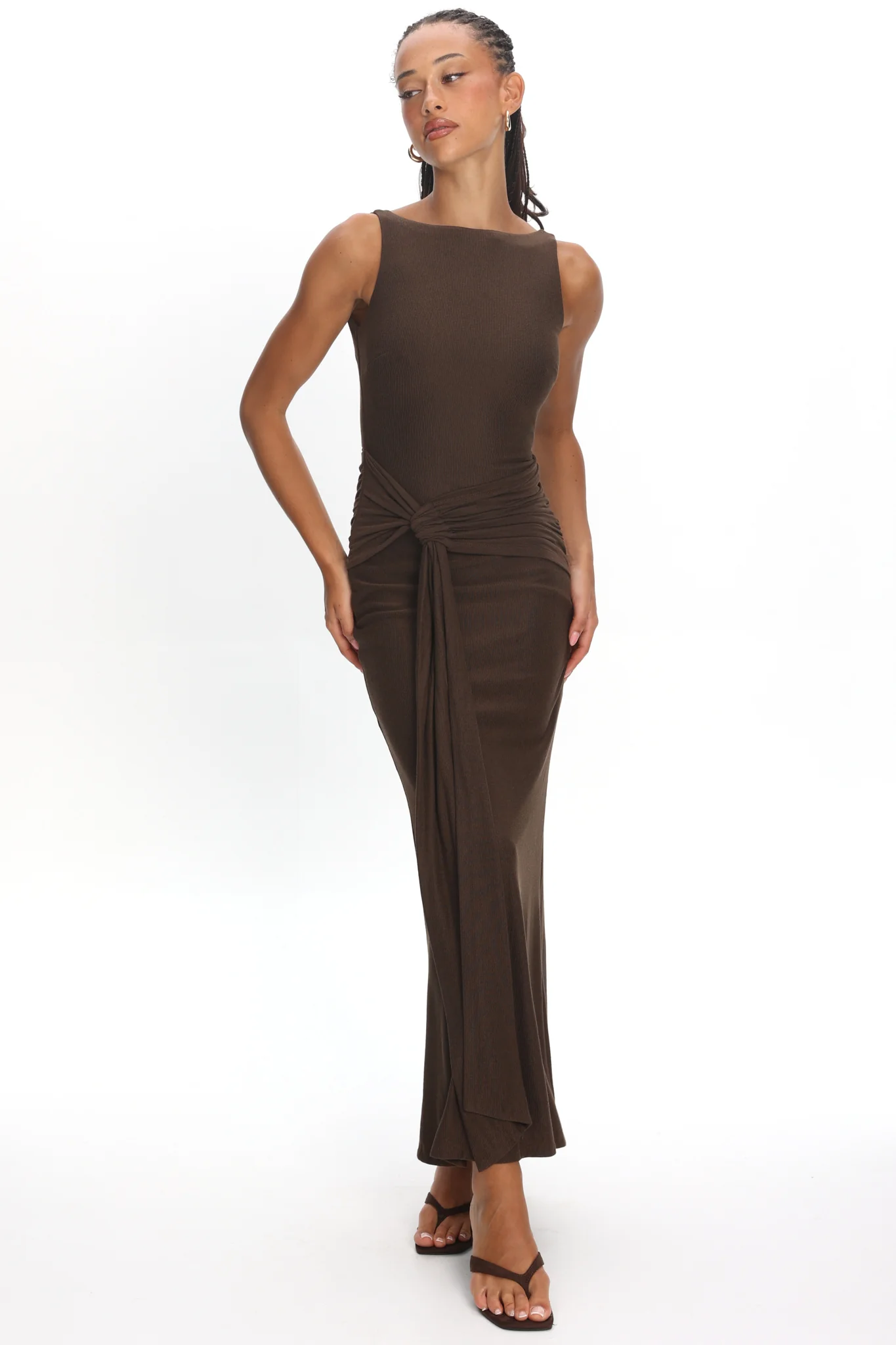 Luli Boat Neck Sash Maxi Dress Chocolate - luluinthesky
