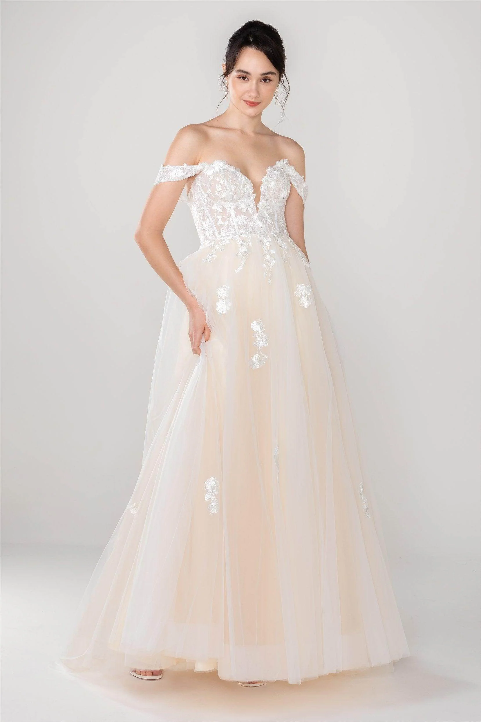 A-Line Sweep-Brush Train Tulle Lace Wedding Dress CW2536