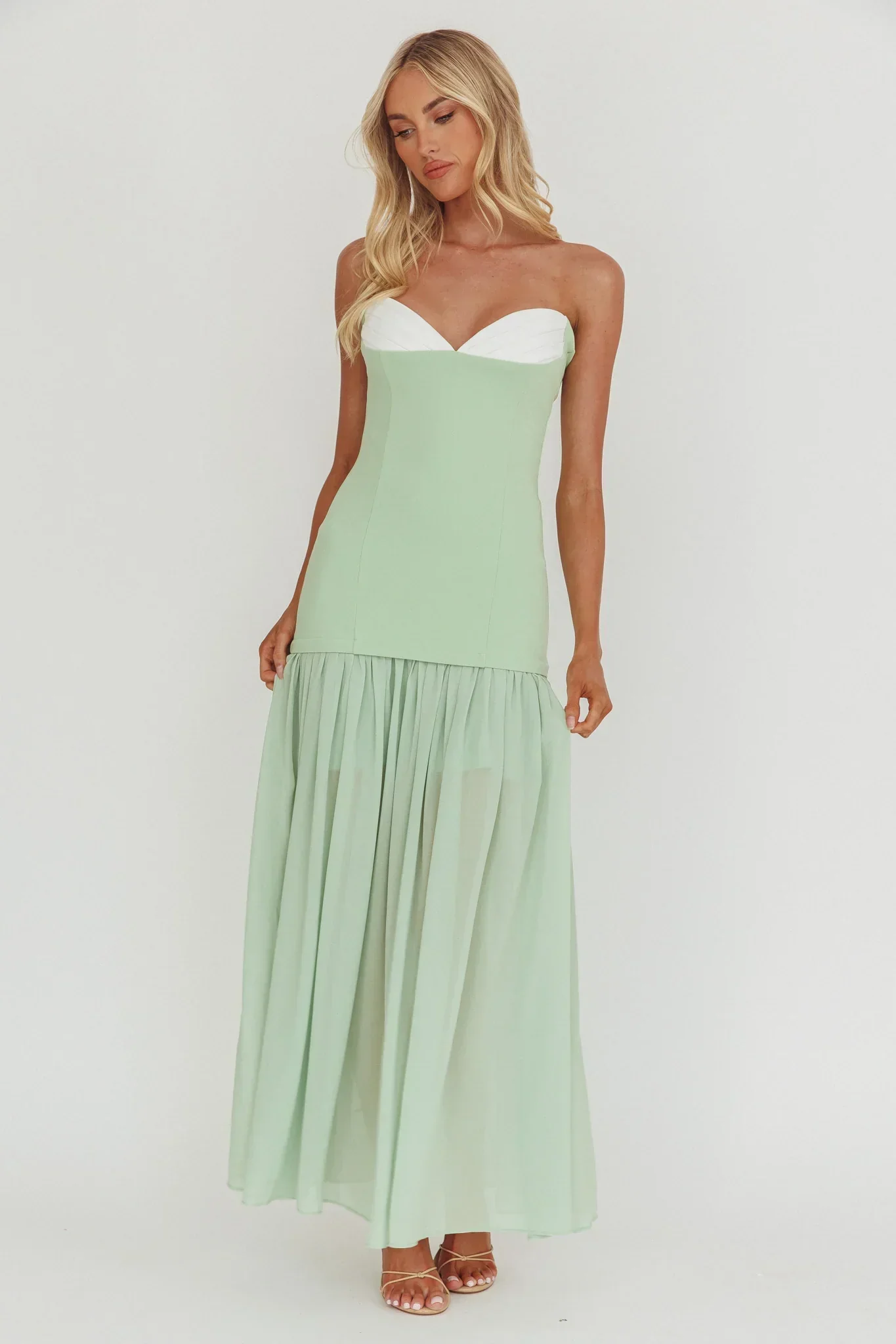 Unspoken Sweetheart Neckline Sheer Hem Maxi Dress Sage