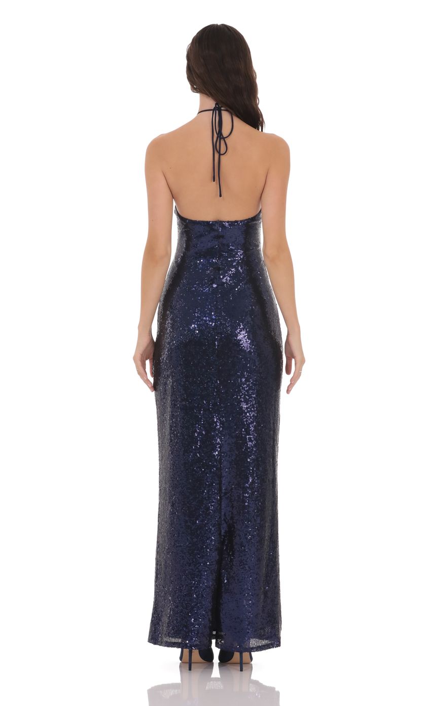 Sequin Florette Halter Maxi Dress in Navy - luluinthesky