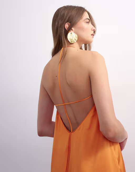 Topshop satin seamed maxi dress with piped edges in russet orange
