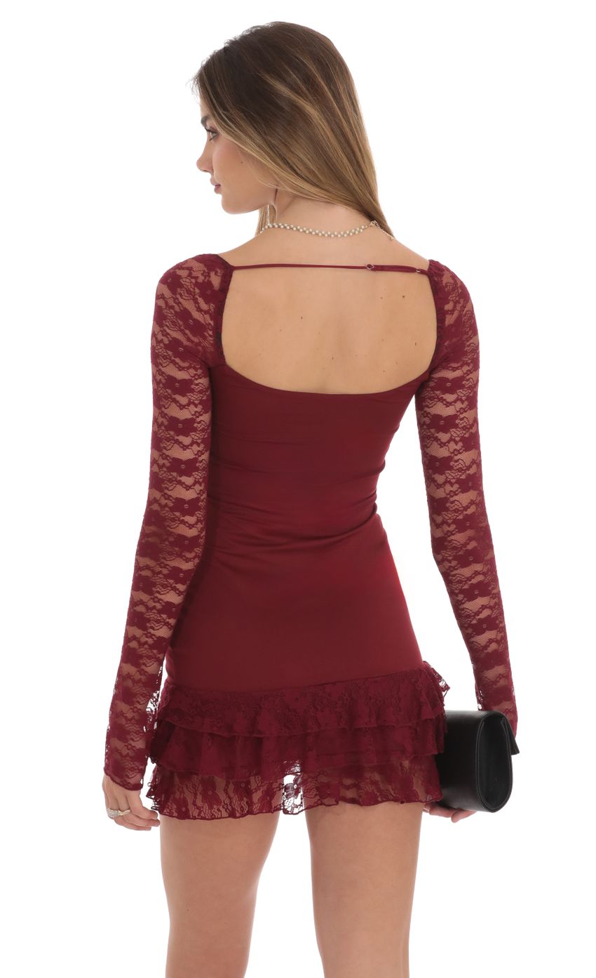 Lace Ruffle Bodycon Dress in Maroon