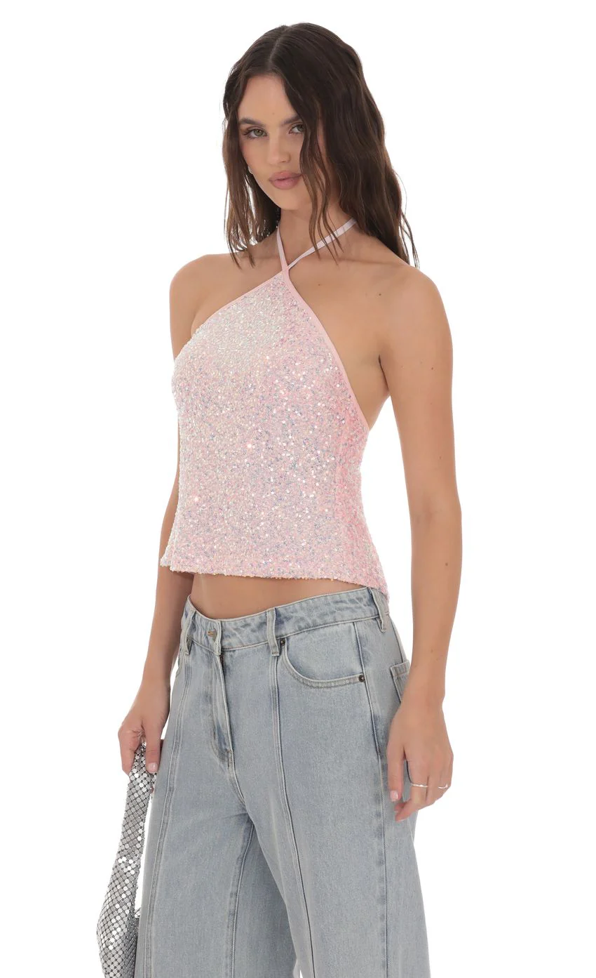 Sequin Halter Top in Pink - luluinthesky