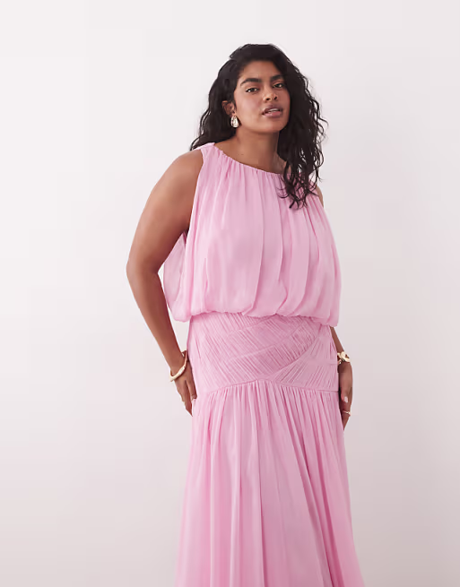 Curve draped gauged ruched waist detail maxi dress in pink
