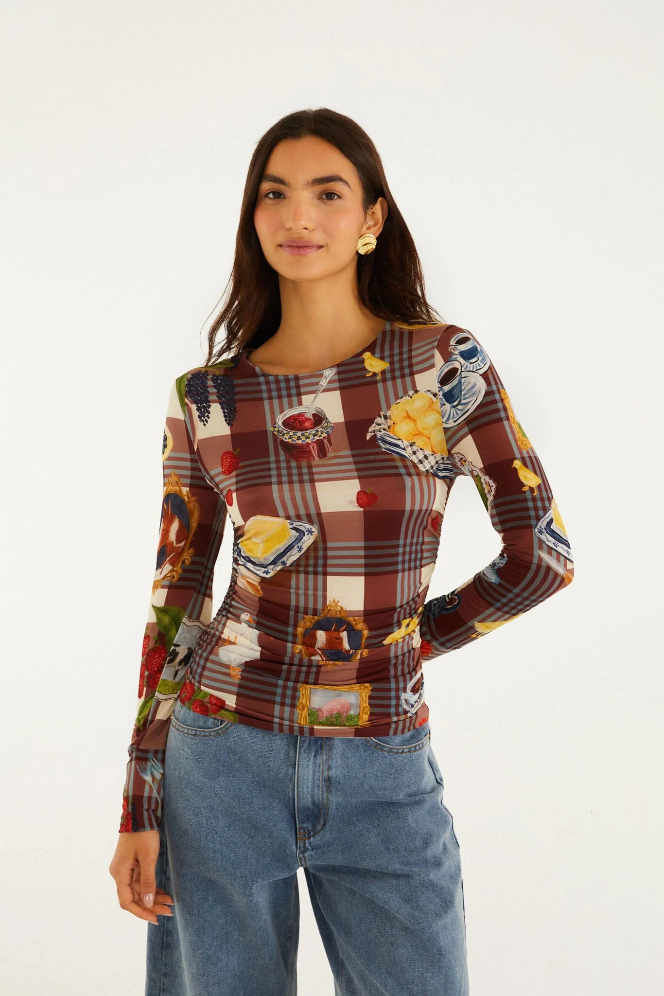 Brown Country Table Tartan Long Sleeve Jersey Blouse