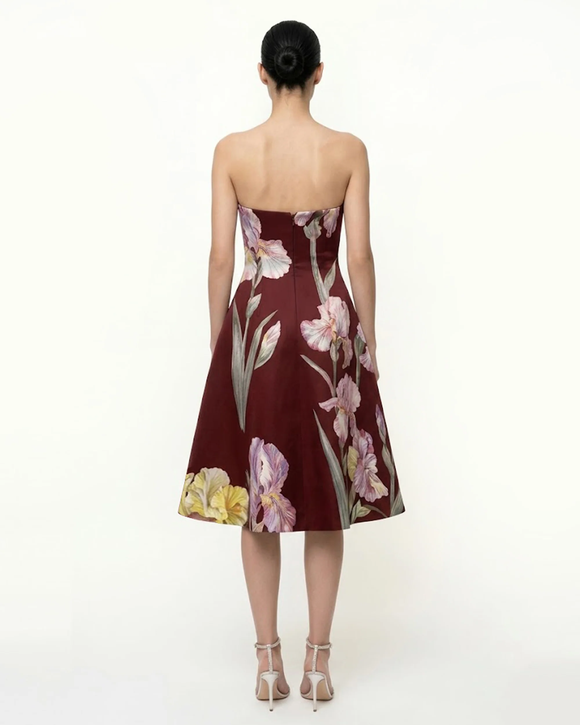 Iris Floral Print Strapless A-Line Dress - Burgundy - FASHION NOB