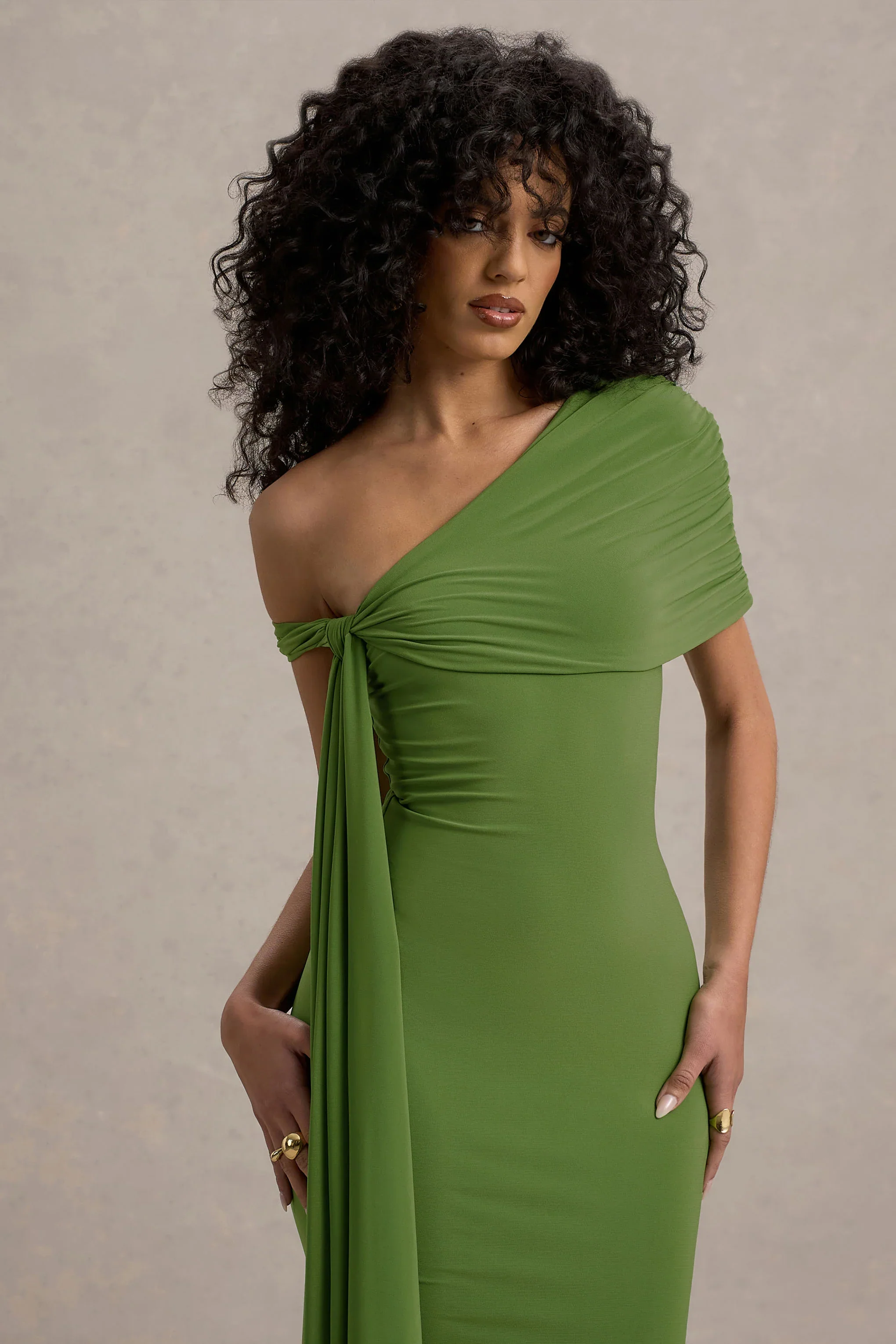 Vallea | Green One-Shoulder Draped Midi Dress