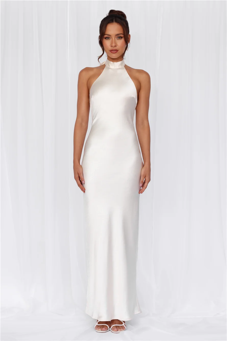 The Cleo Halter Satin Maxi Dress Pearl