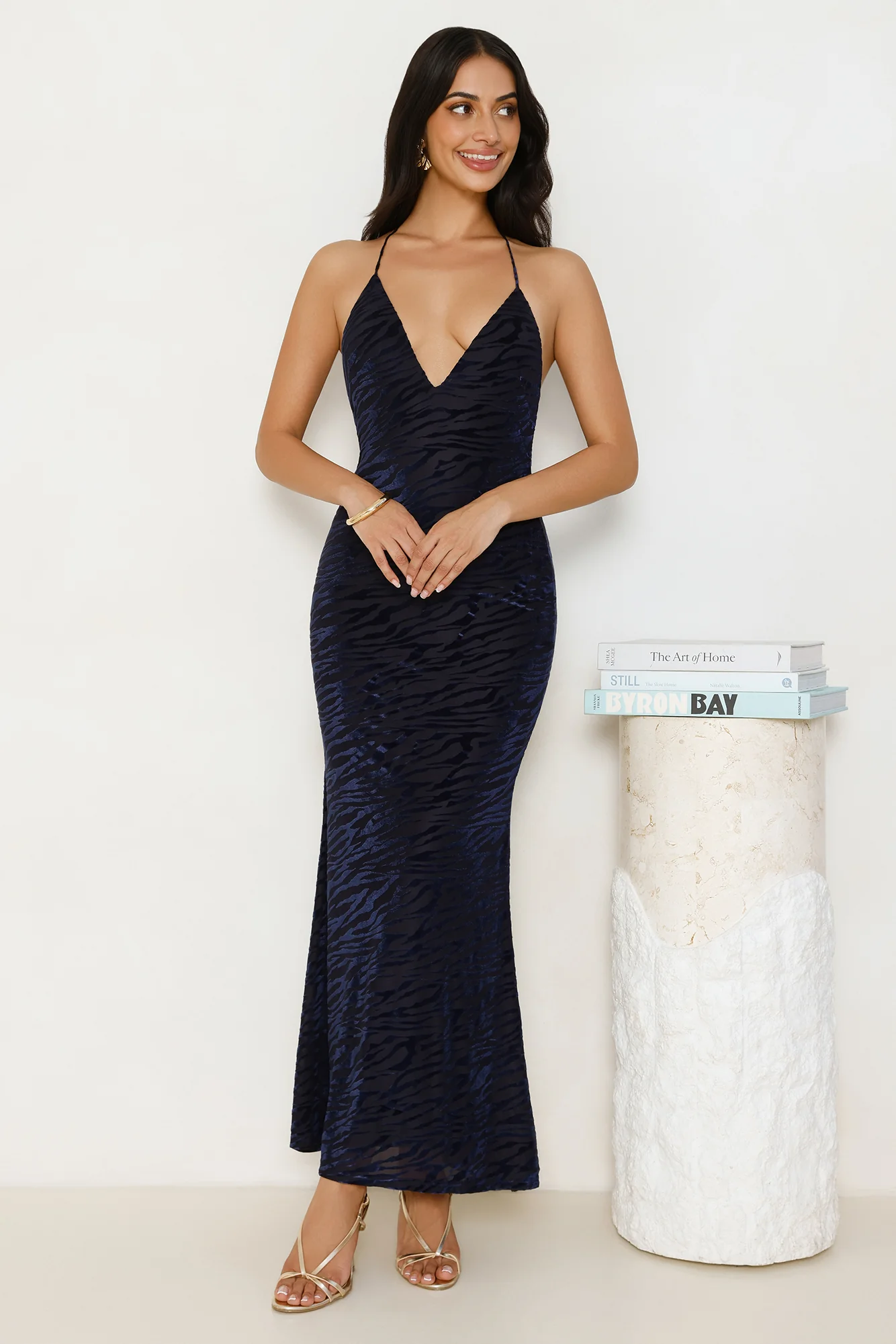 Zebra Charm Halter Maxi Dress Navy