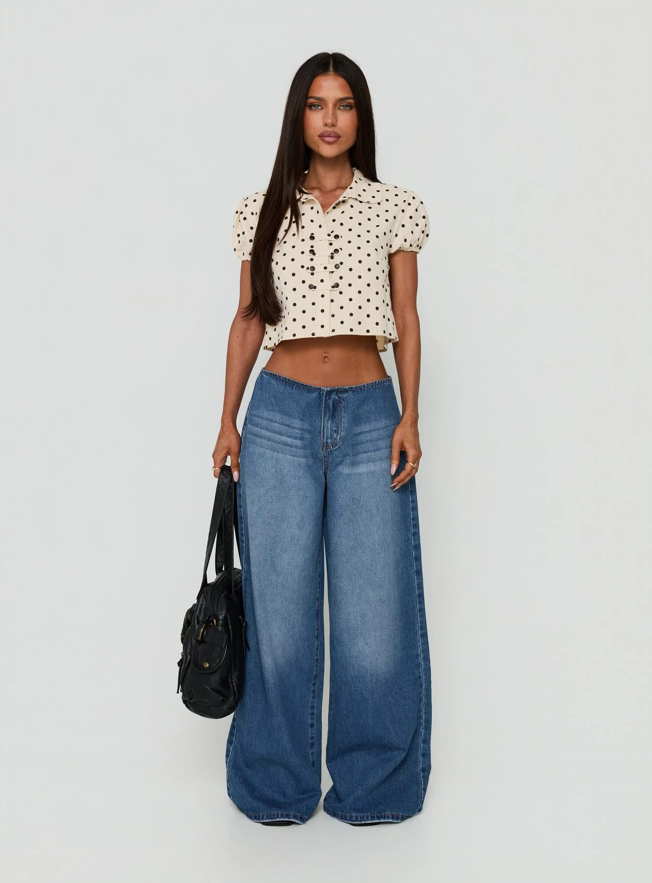 Kinnedie Puff Sleeve Blouse Top Cream Polka Dot