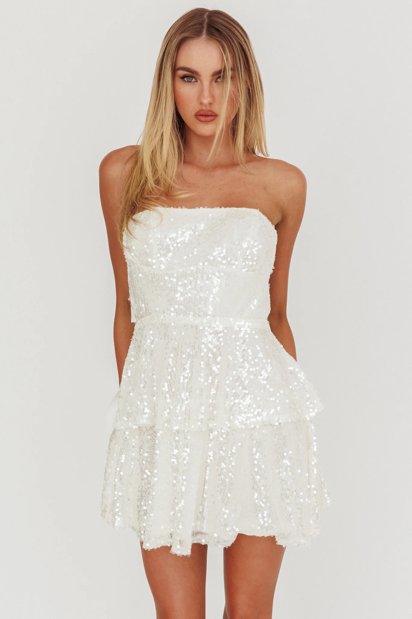Provence Bloom Tiered Sequin Mini Dress White - luluinthesky