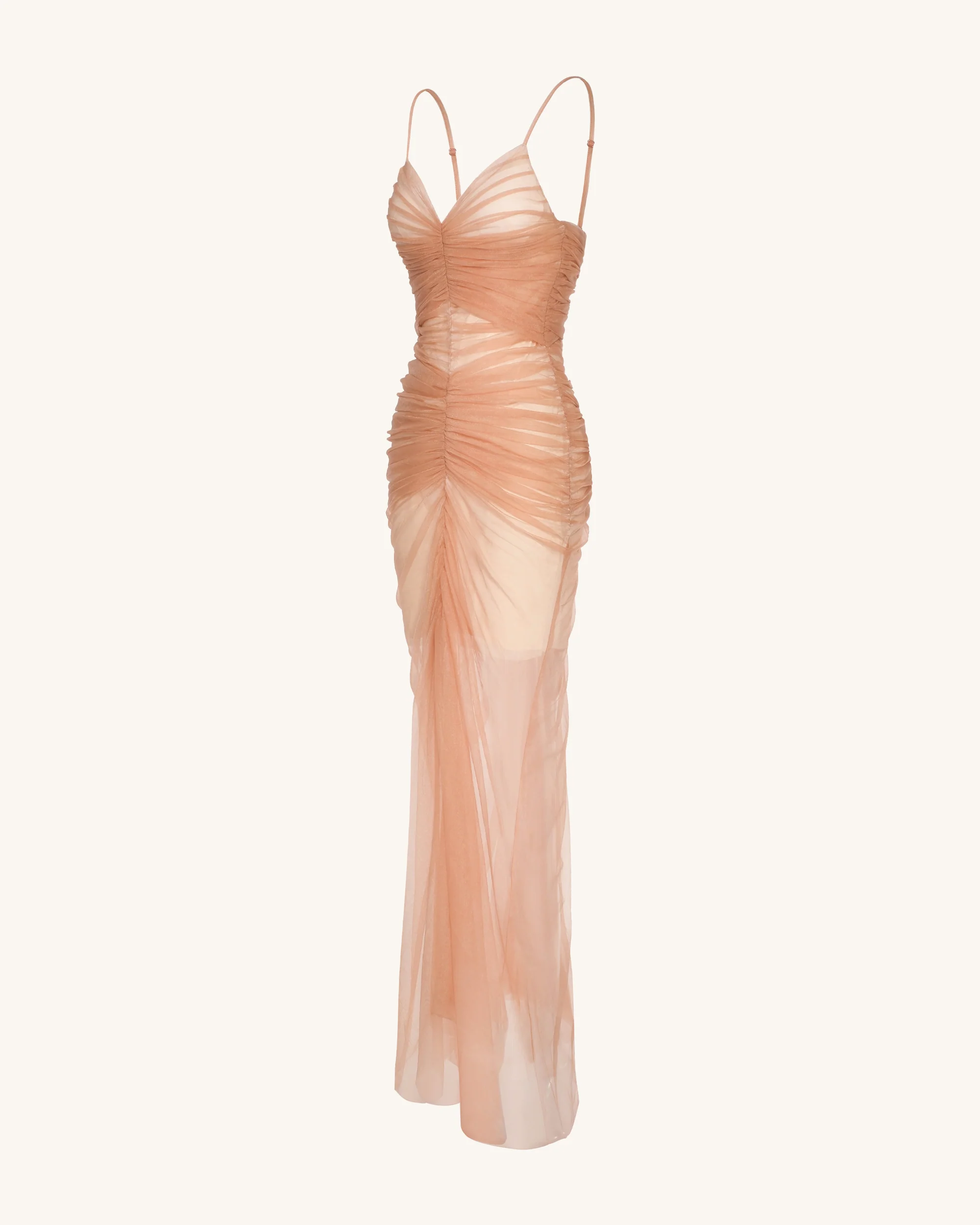 Piper Draped Mesh Evening Gown - Cinnamon - FASHION NOB