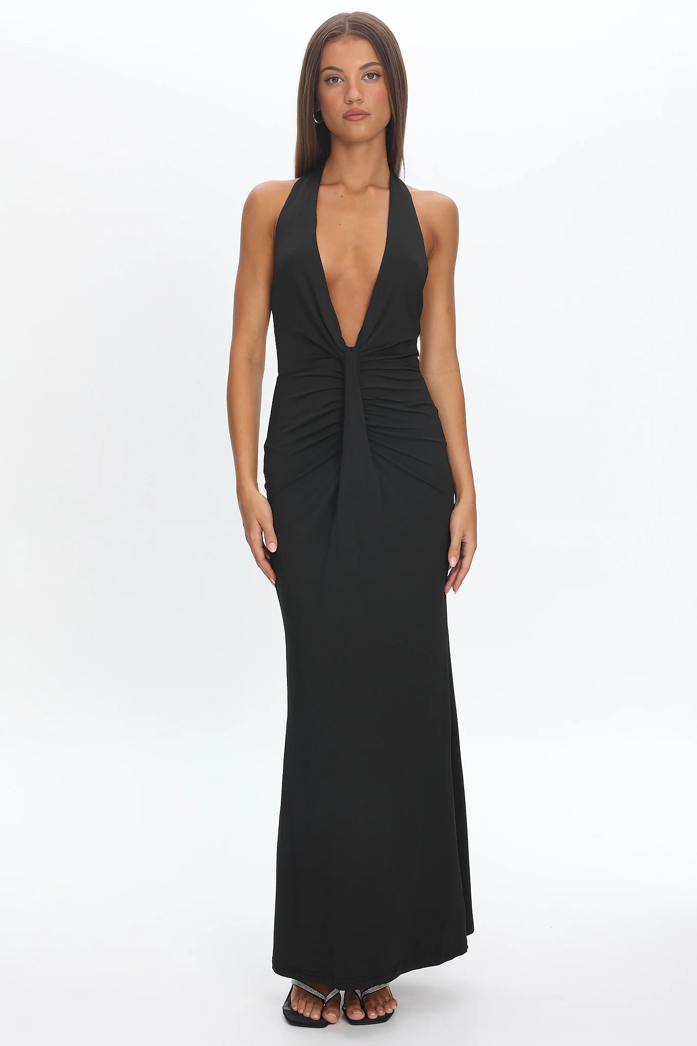 Make Believe Plunging Halterneck Maxi Dress Black - luluinthesky