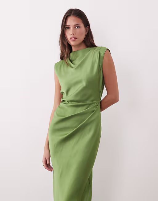 satin high neck pleated bodice midi dress in green