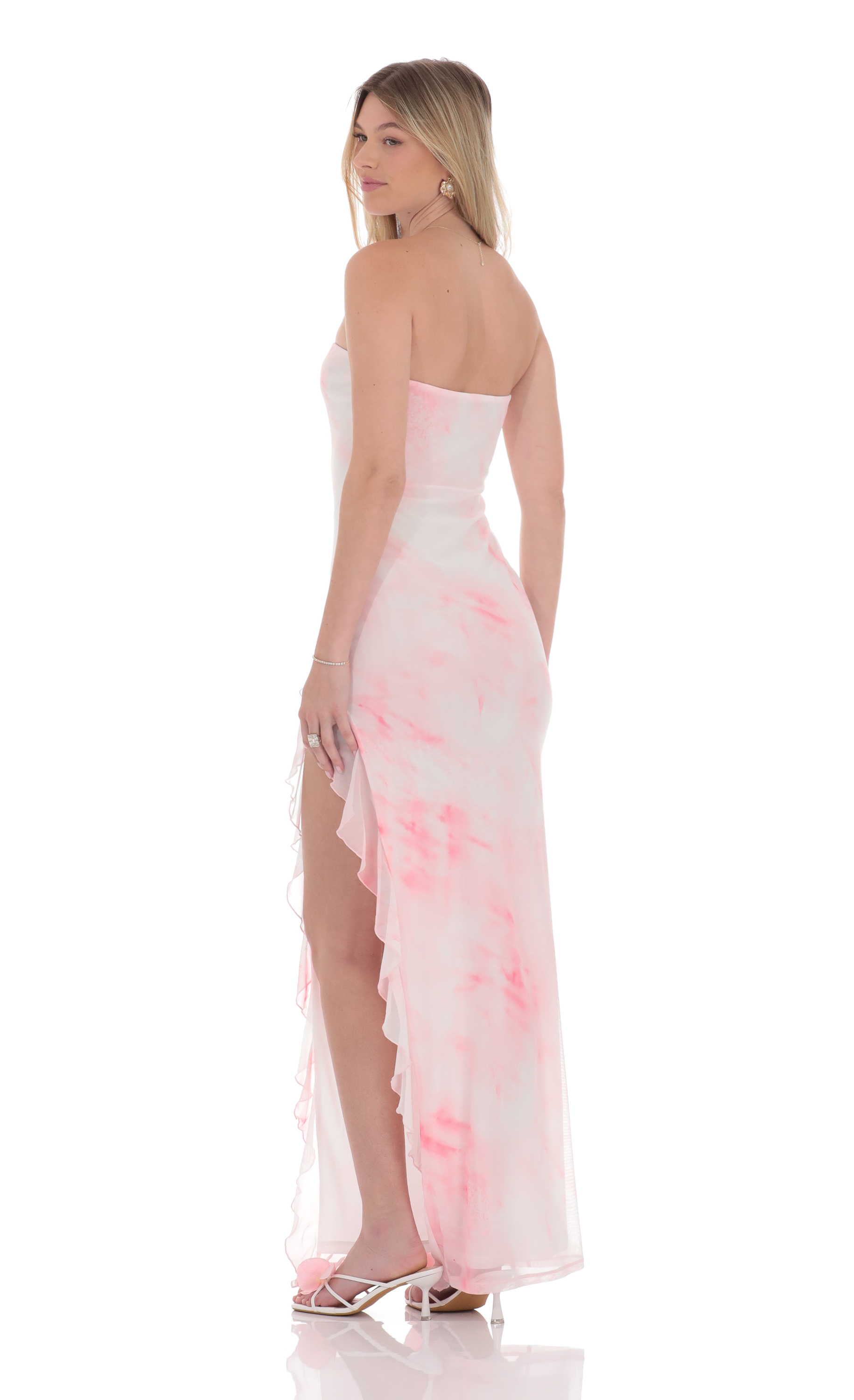 Tie Dye Mesh Ruffle Slit Maxi Dress in White - luluinthesky