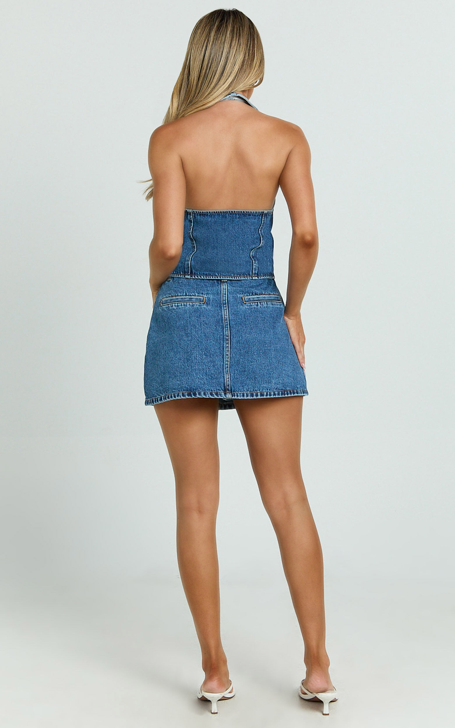 Walton Vest - Halter Neck Button Down Crop Recycled Denim Vest in Dark Blue Wash