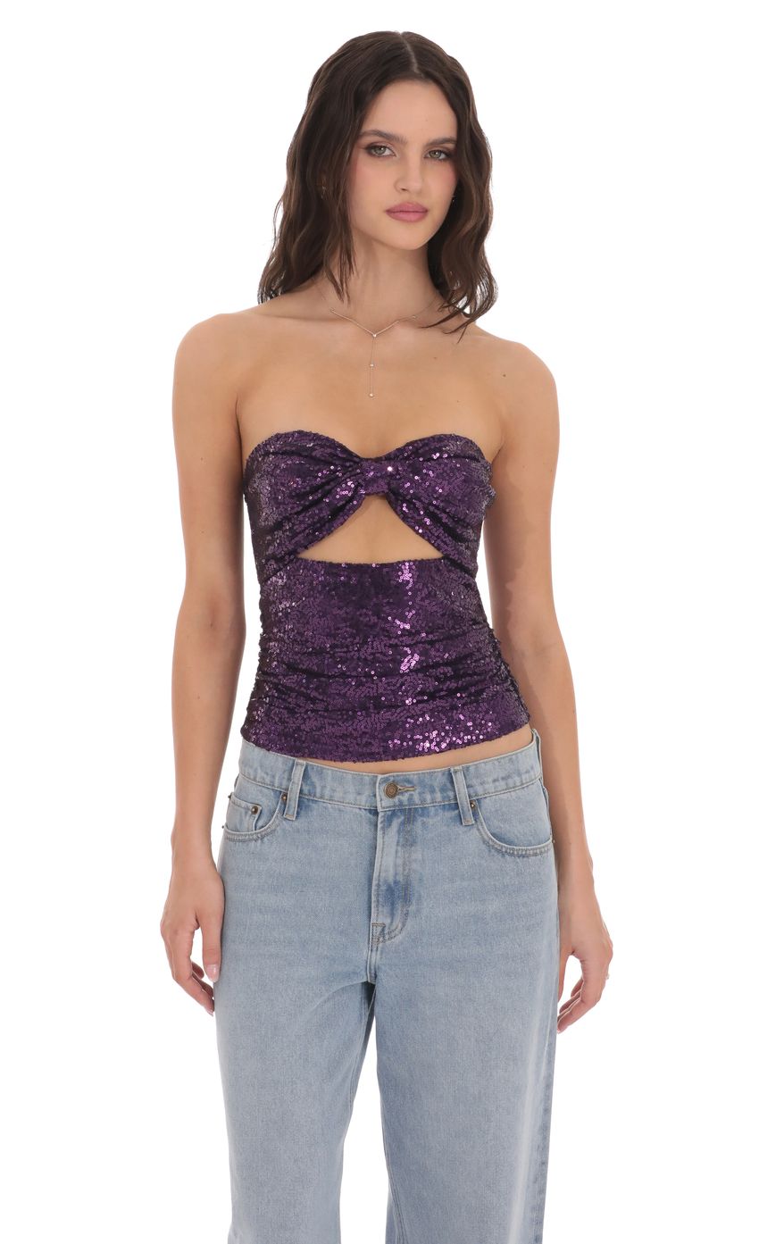 Sequin Cutout Strapless Top in Purple