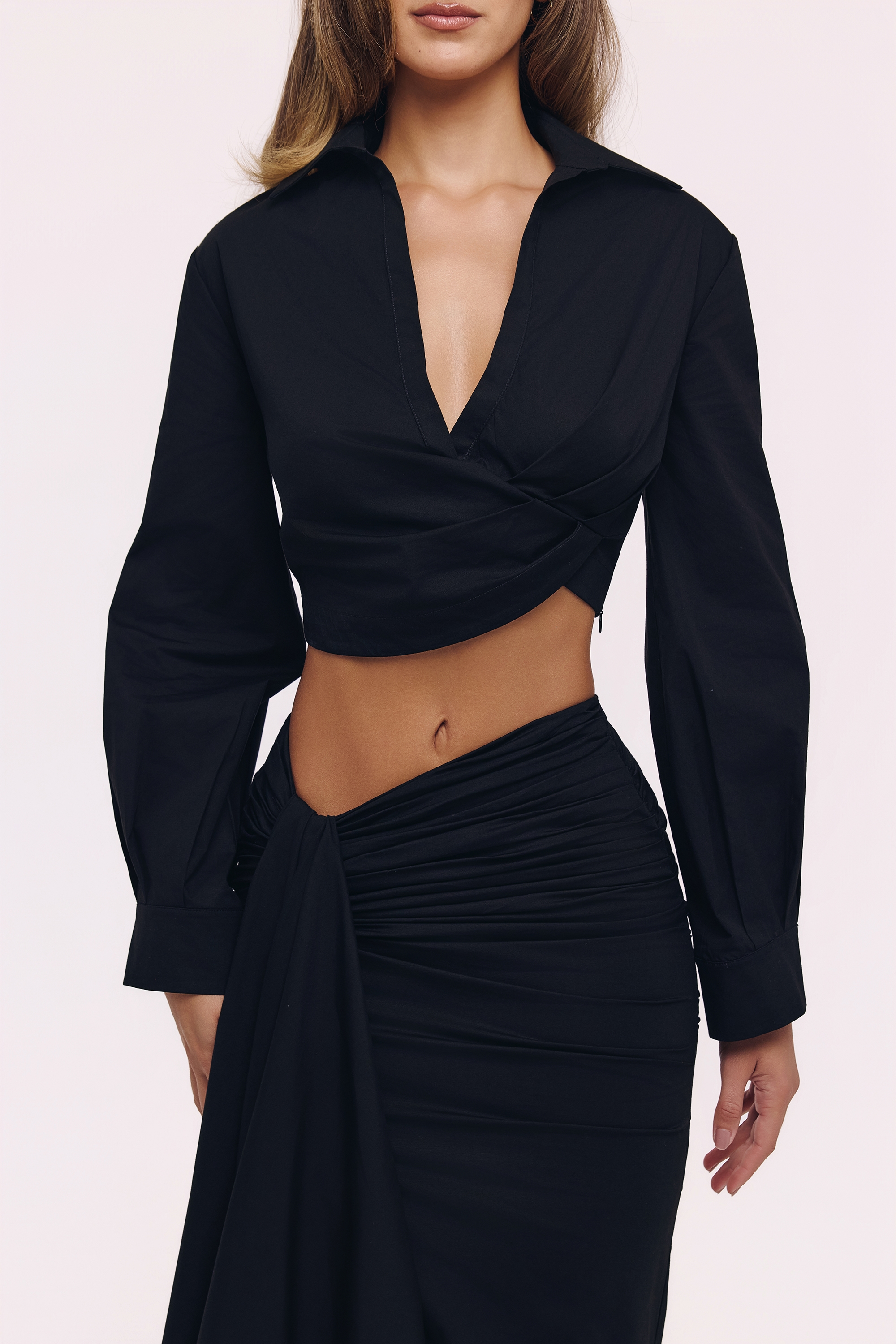 Black Long Sleeve Cropped Cotton Shirt