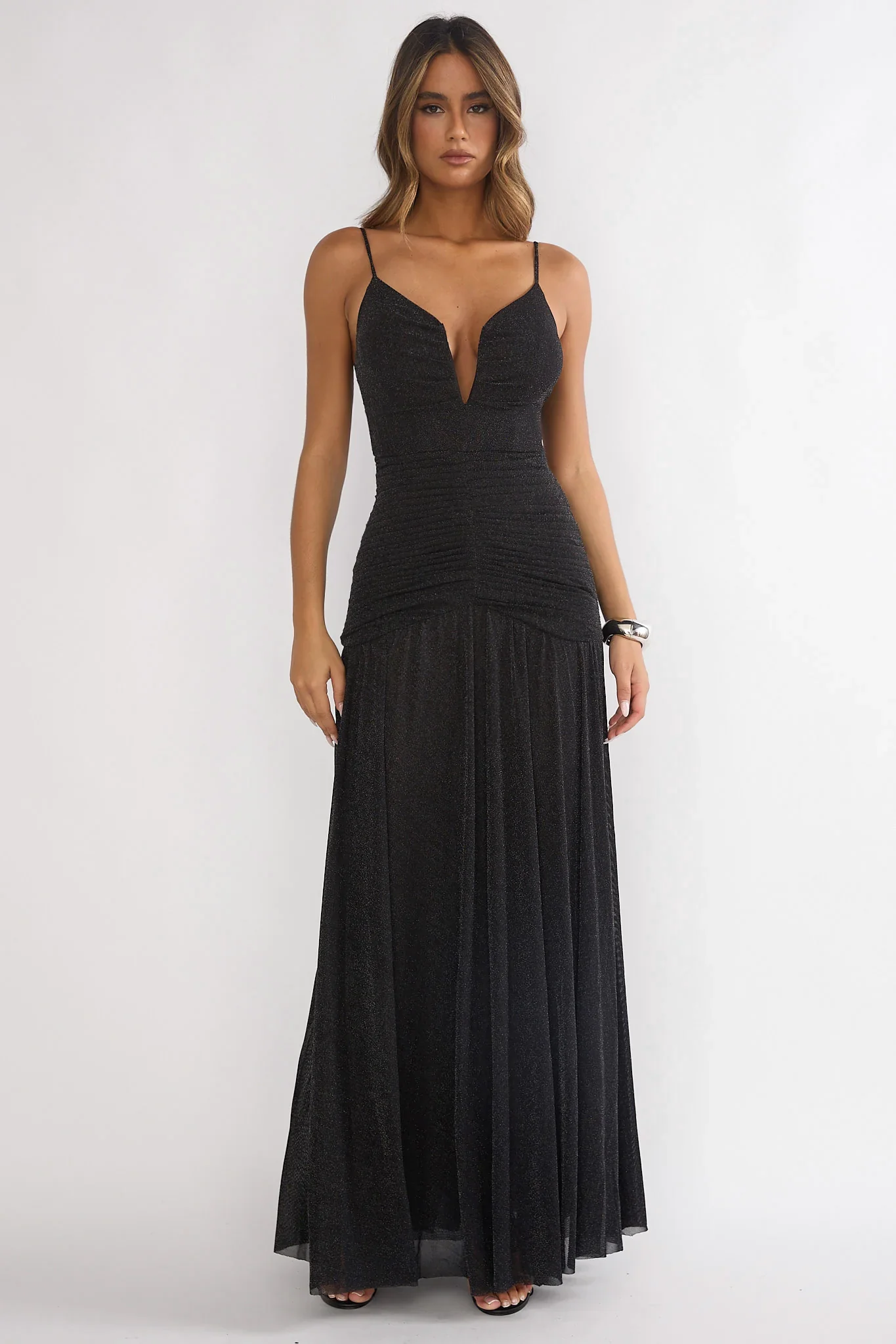 Orizel Pintuck Drop Waist Maxi Dress Sparkle Black
