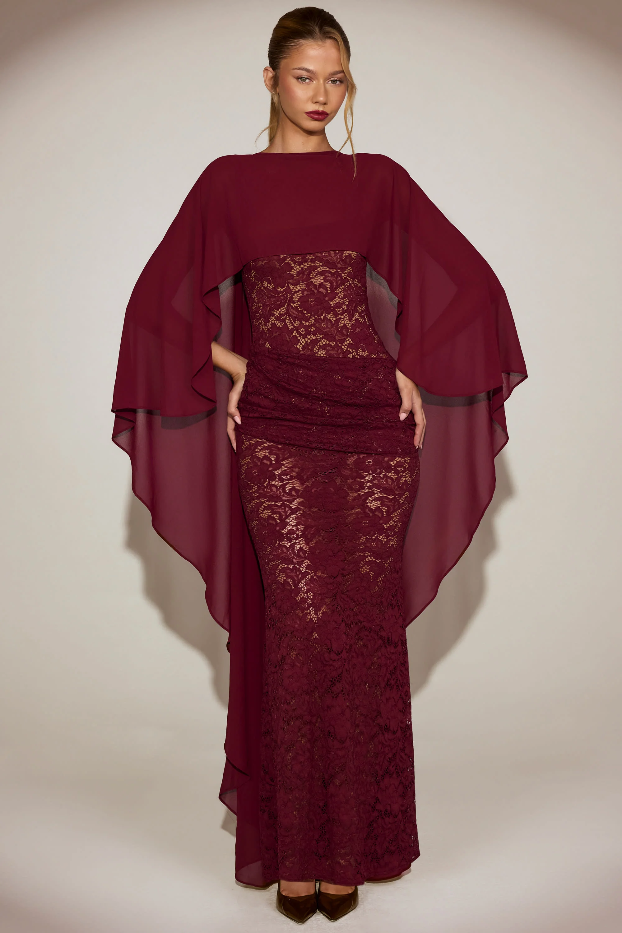 Chiffon Draped Cape in Wine Red