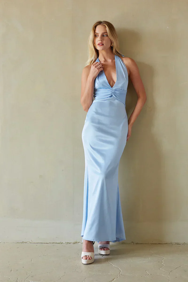 Sage Satin Halter Maxi Dress
