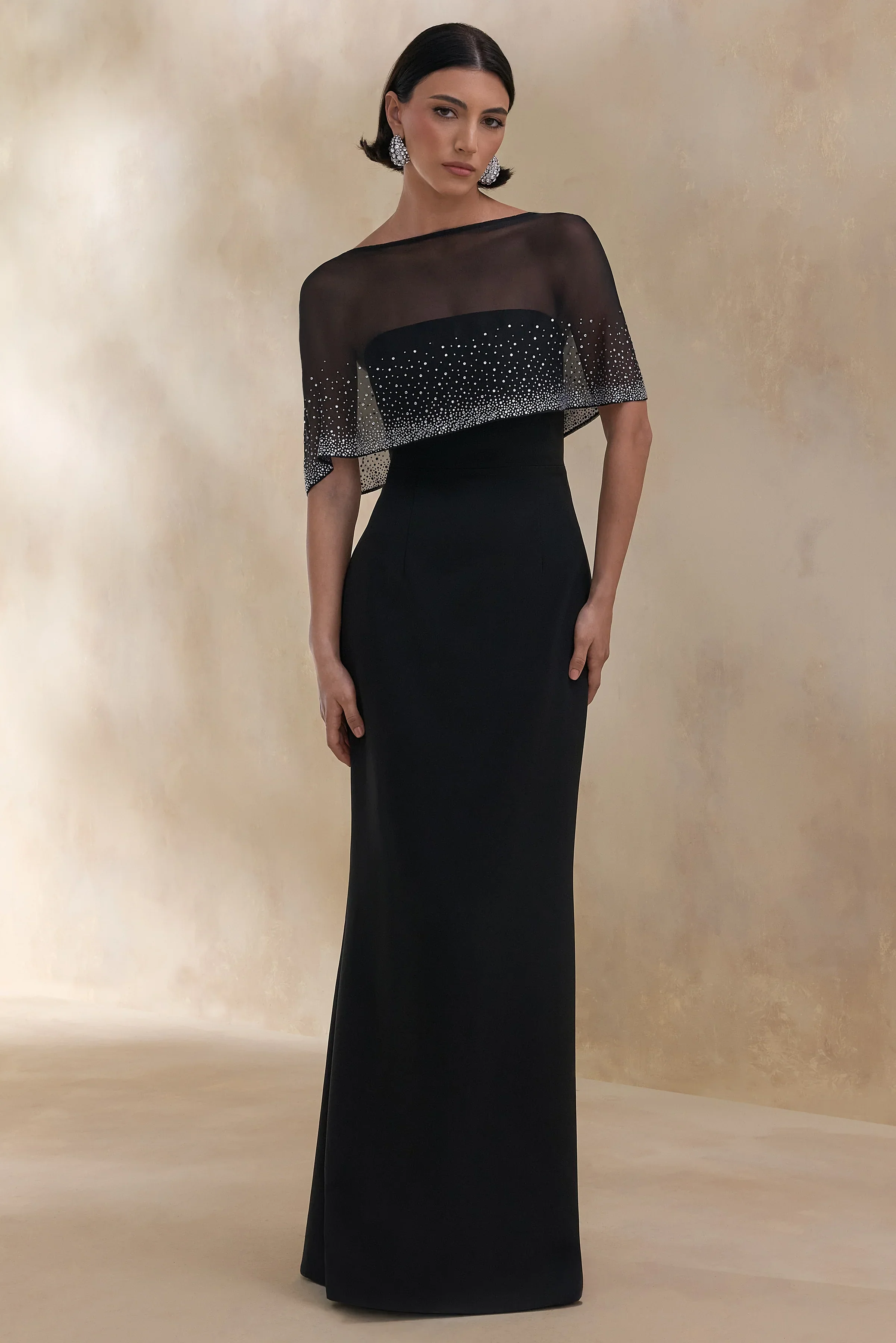 Everly | Black Hand-Embellished Cape-Sleeve Maxi Dress