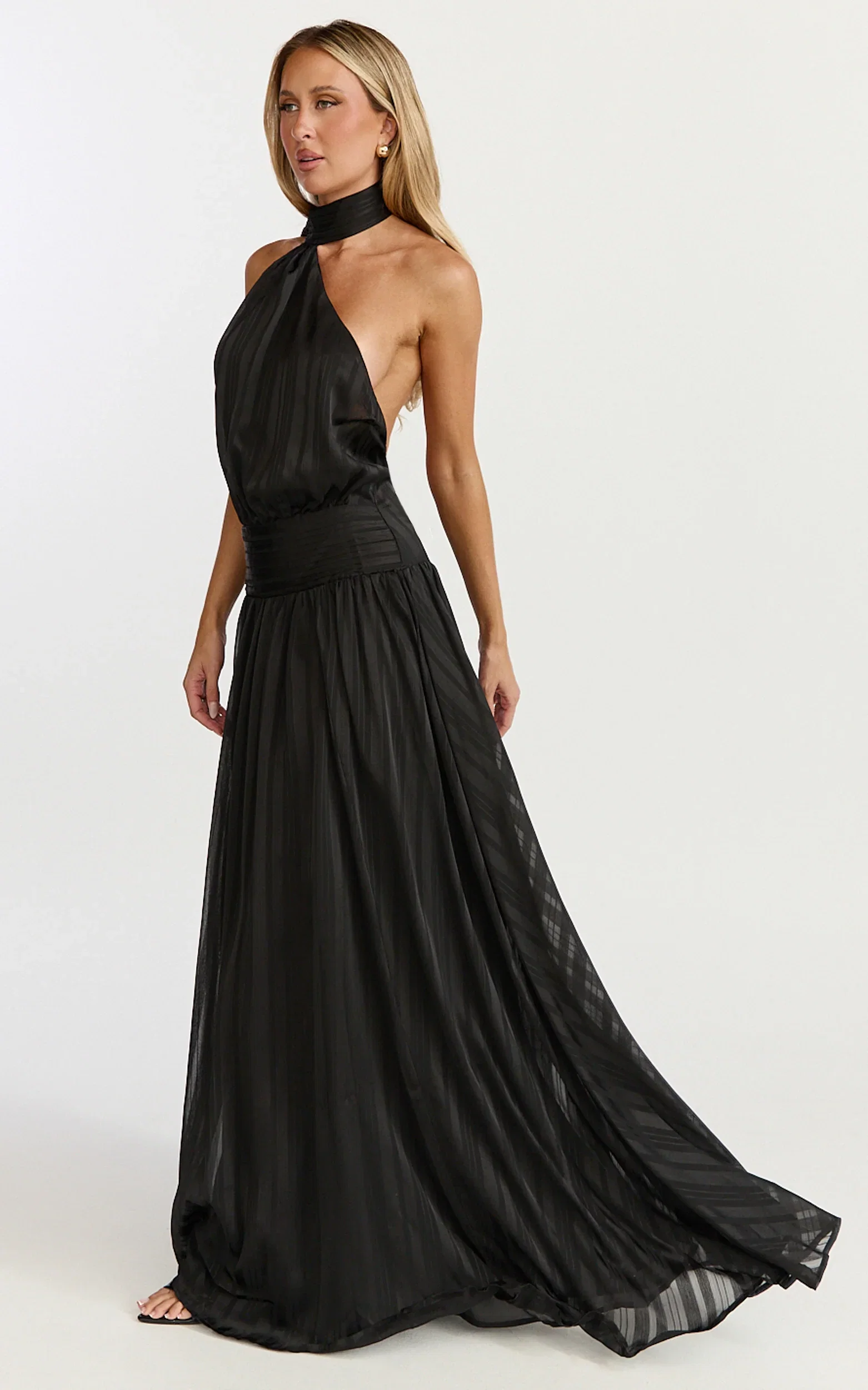 Mirabelle Maxi Dress - Scarf Neck Backless High Low Dress in Black