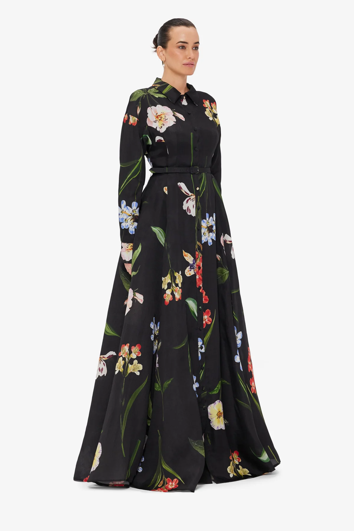 Josephine Silk Gown - Botanical Print in Ebony