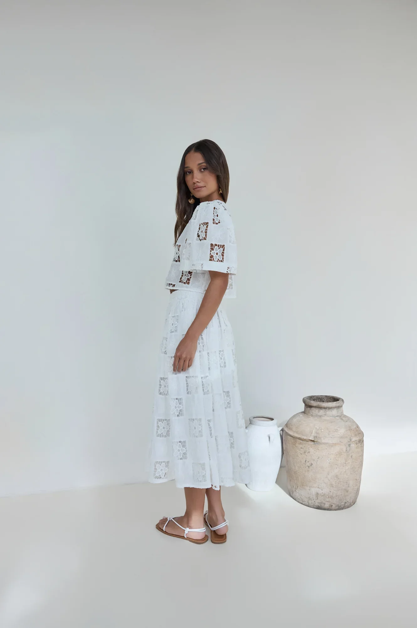 Andolina Crochet Lace Midi Skirt White
