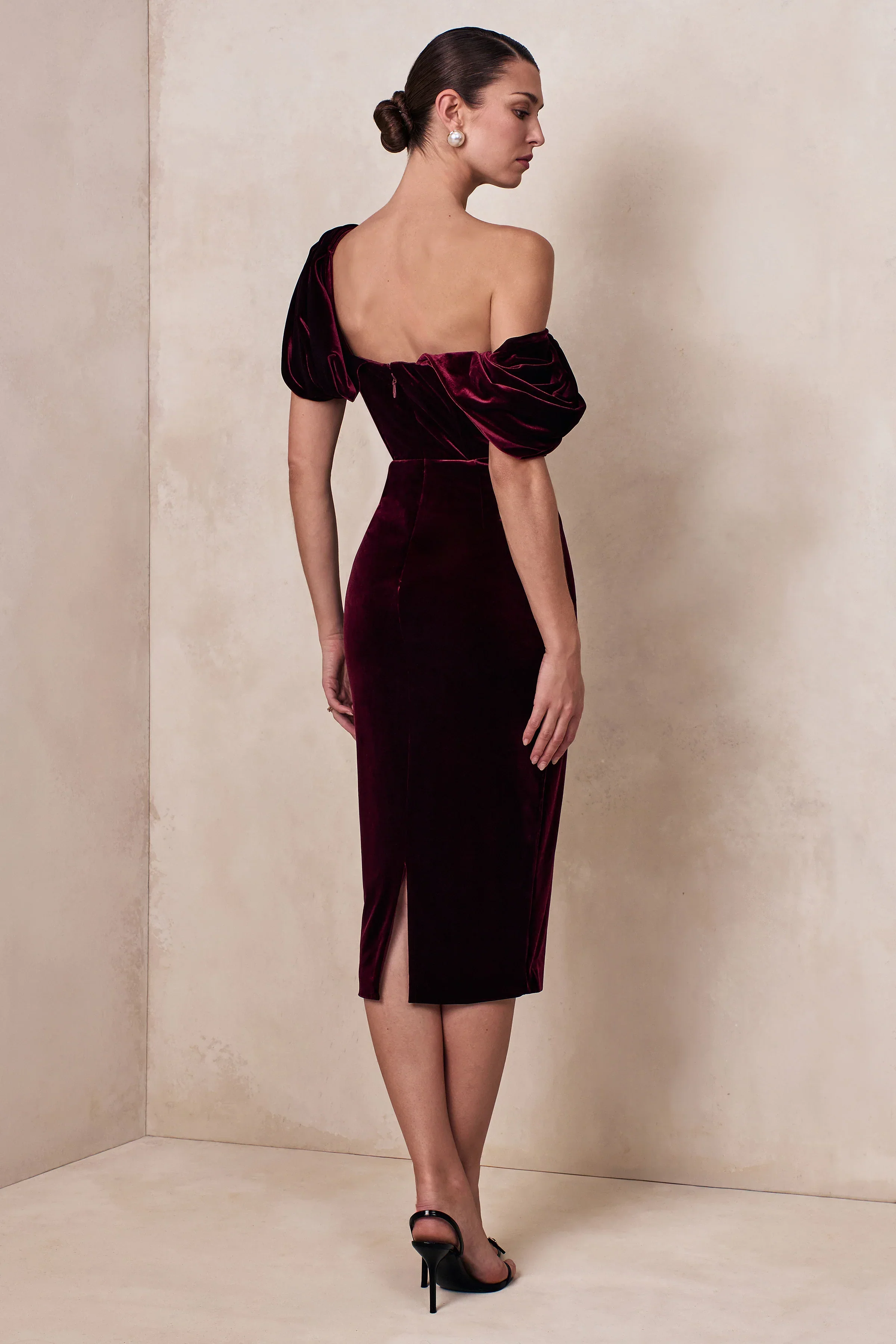 High End | Burgundy Velvet Asymmetric-Neck Midi Dress With Draped Detailing