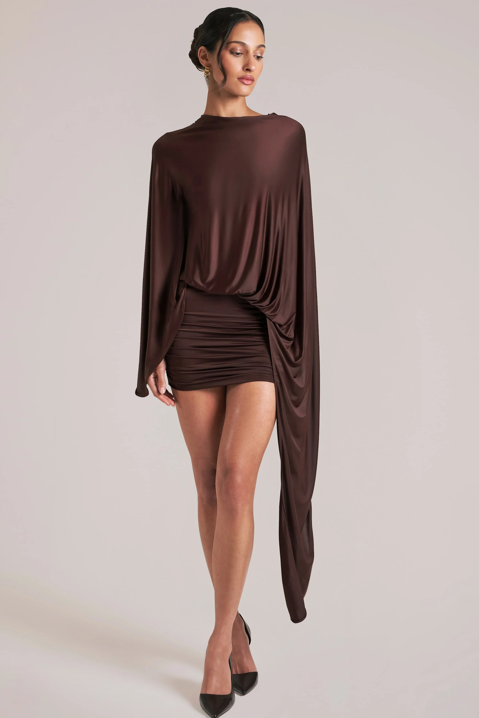 Draped Cape Mini Dress in Chocolate Brown