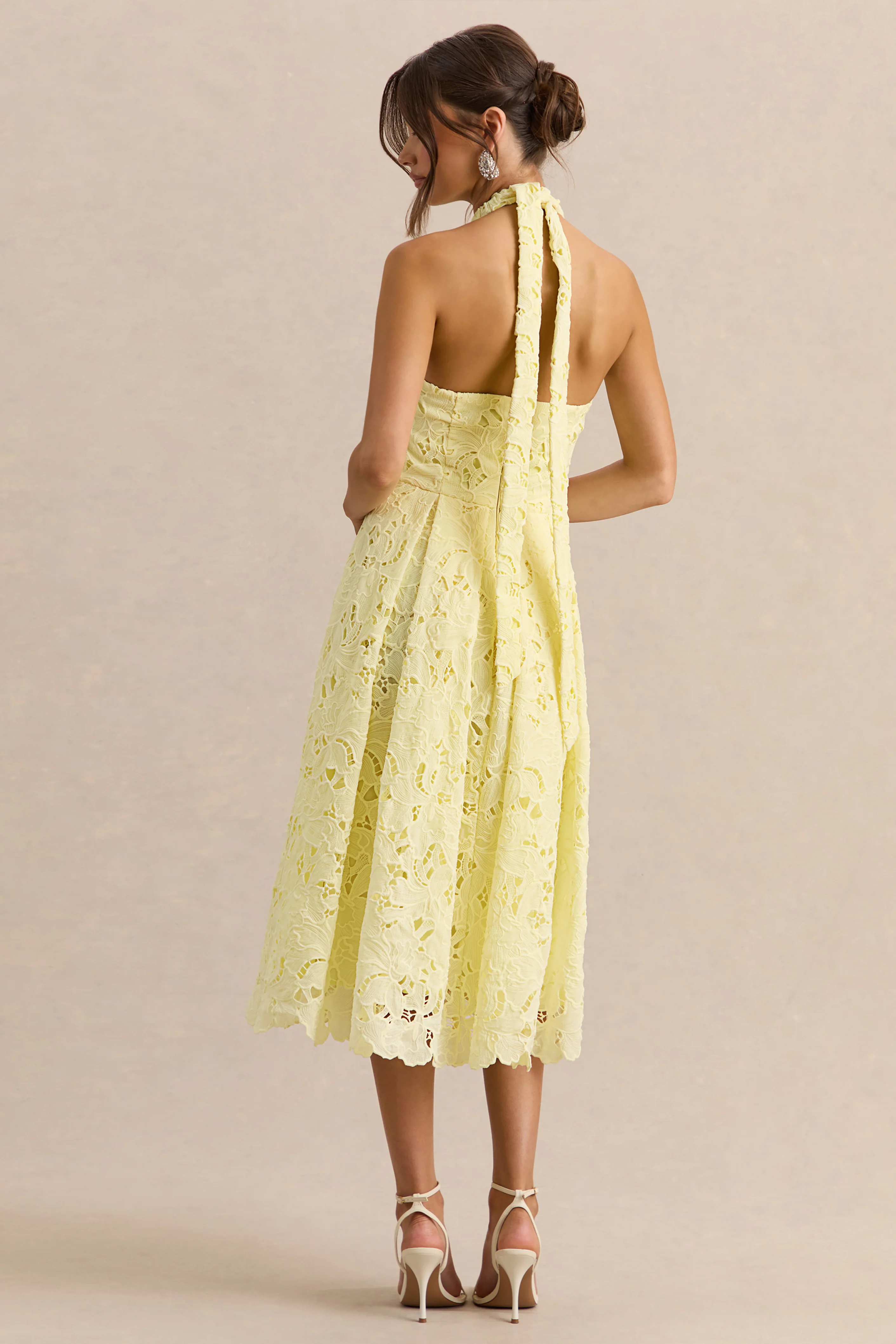 Maribel | Lemon Lace Plunge-Neck Midi Dress