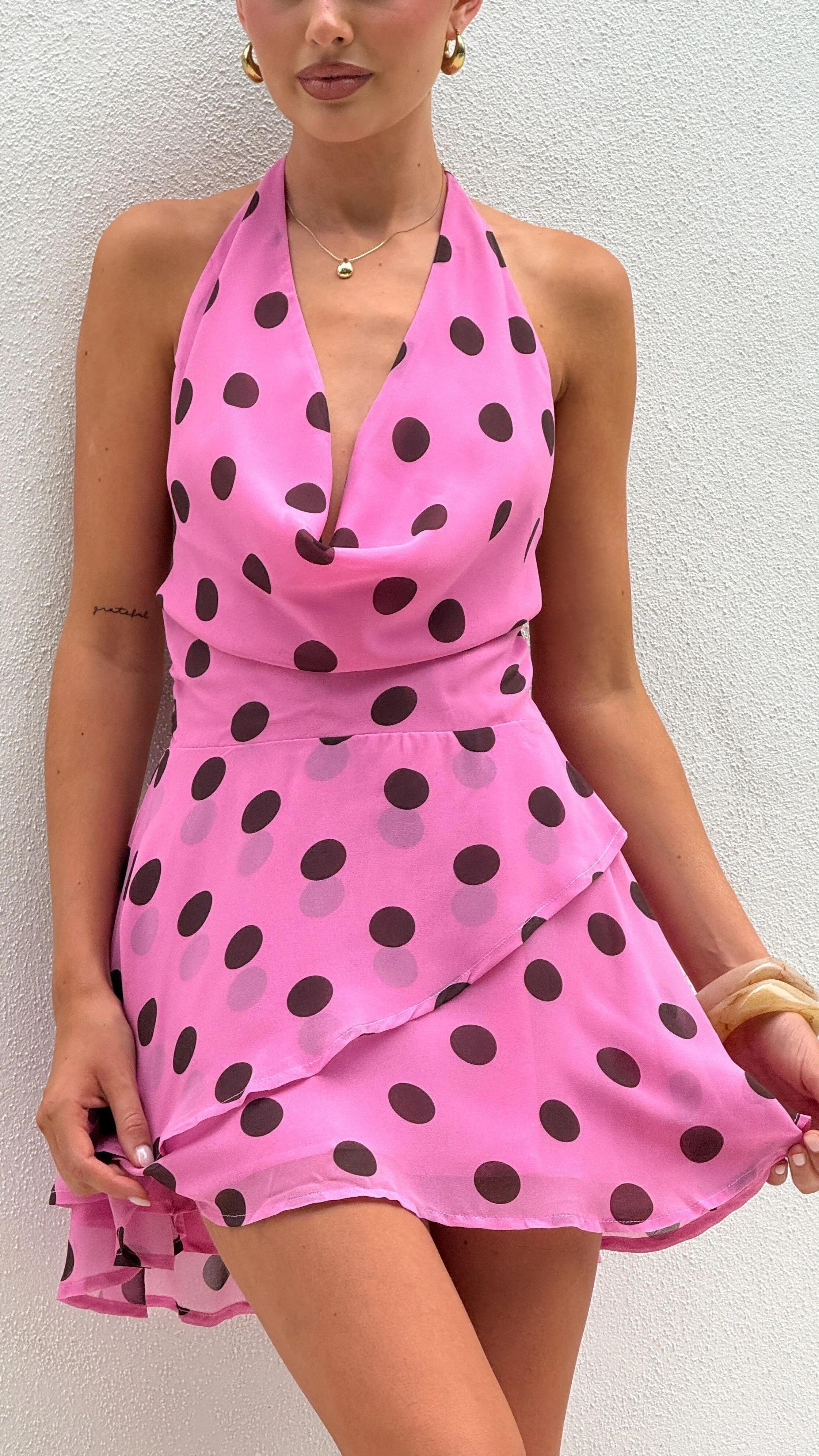 Imali Mini Dress - Pink/Choc Polka