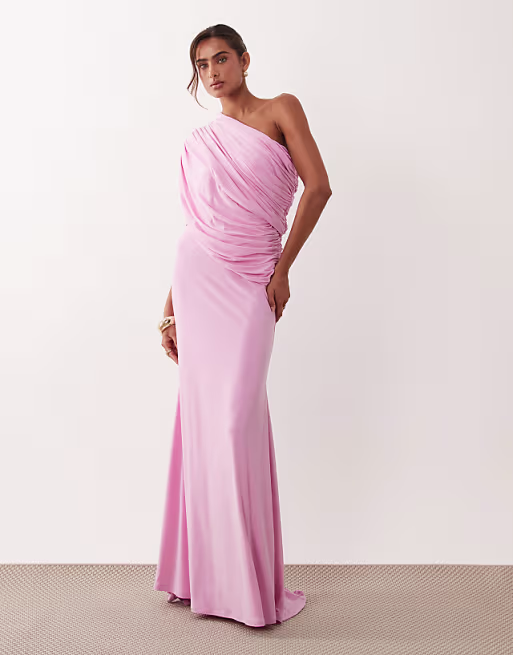 off the shoulder wrap bodice detailing maxi dress with train in pink