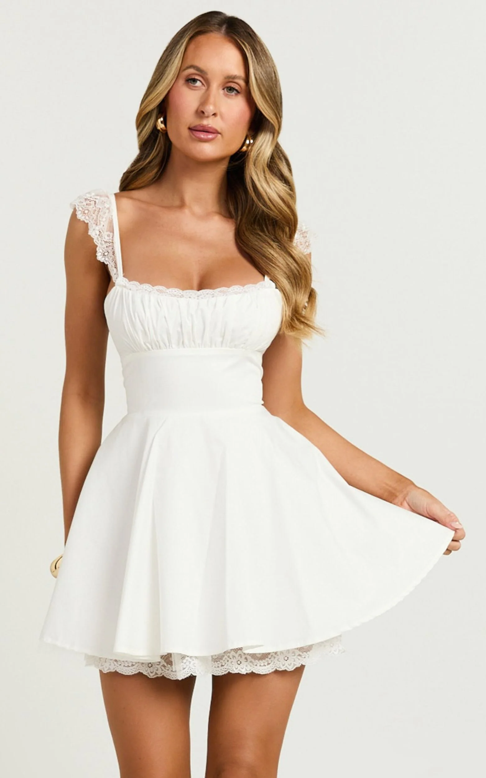 Adalee Mini Dress - Sleeveless Ruched Bodice Lace Trim Dress In Off White