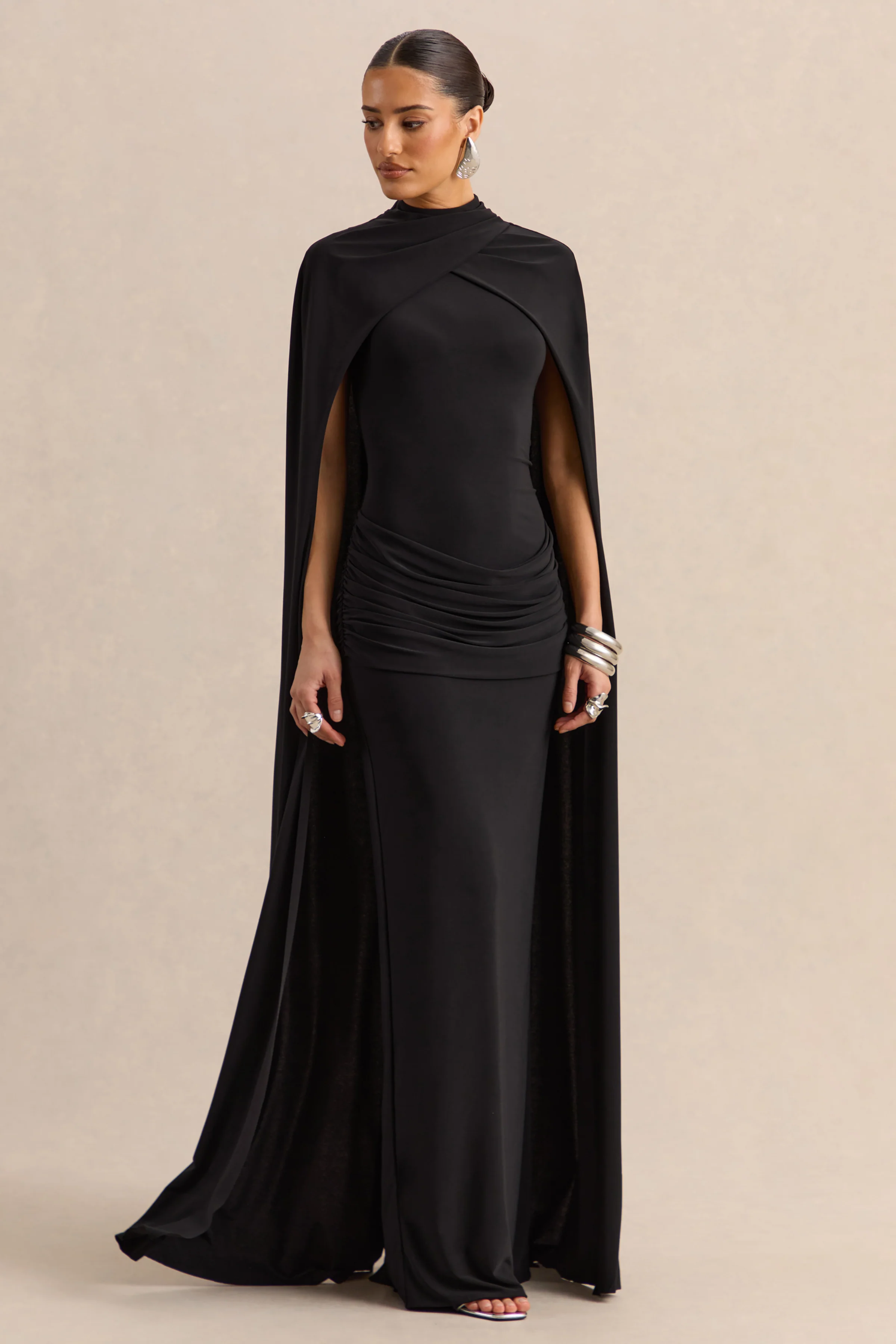 Dianelle | Black High-Neck Maxi Dress With Cape-Sleeves